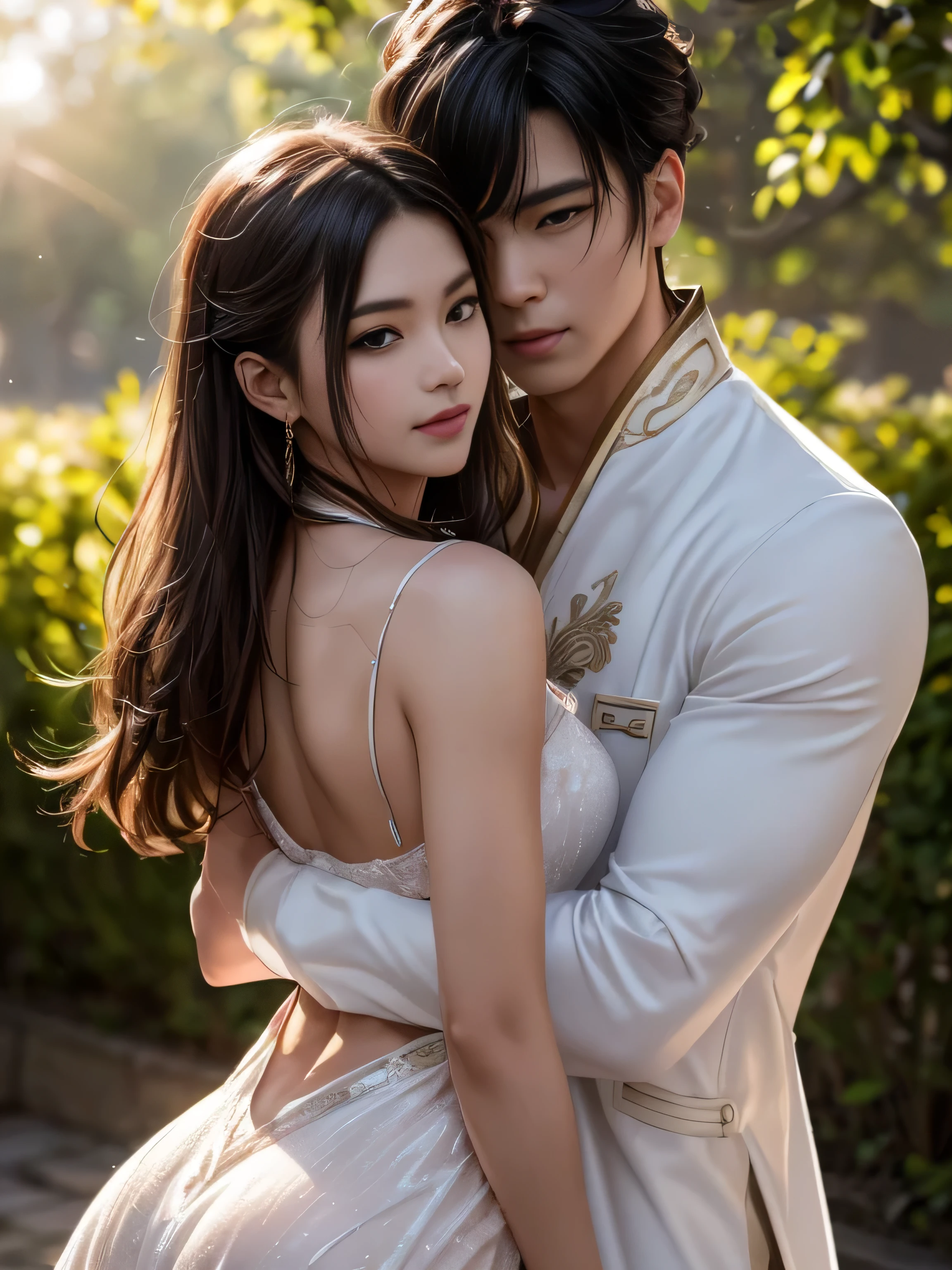 (Best Quality, Super Detail, Masterpiece, Representative Work, Official Art, Professional, Super Fine Detail, 8k:1.3), (photorealism:1.2), (Couple, Beautiful Girl and Boy), A couple in the sea of flowers, Handsome guy hugs beautiful girl from behind, Smiling and Wearing White Clothes, Delicate Hair, Chinese Beauty and Handsome Man, Wearing Ancient Chinese Clothes, Flowing Tulle, Light Silk, Create a movie poster similar to those used in Chinese romantic fantasy dramas, Correct proportions, Perfect face, perfect hands, Sweet atmosphere, Photorealistic, Sharp Focus, Dreamy Atmosphere, Delicate Details, Soft Volumetric Light, (Backlight:1.3), (Cinematic:1.2), Intricate Details, (ArtStation:1.3)