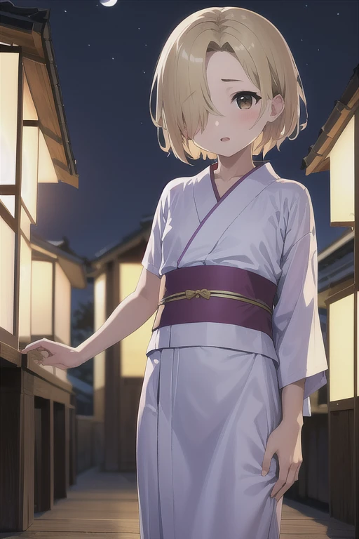 masterpiece, Best Quality, High resolution,  standing, Cowboy Shot, Shirasaka Koume, ((Blonde)), hair over one eye, short hair, Brown eyes, Flat Chest,(Hiding one eye),Hidden right eye、,Small breasts,One Girl,Alone,1 girl,Yukata,Shrine at night,Summer Night,Festival,lanthanum,shade,grassland,Embarrassing,yukata,Restless，Big Moon，