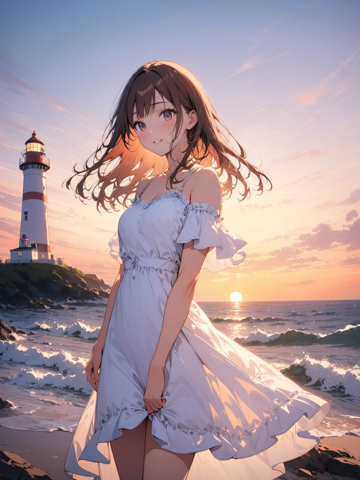 (masterpiece, best quality, very aesthetic, absurdres), 1girl, perfect body, anatomically correct, 

A beautiful girl character stands in front of a seaside lighthouse. Her long, dark brown hair blows in the wind, and she wears a refreshing white dress. The ocean waves gently litter the shore, with a sunset-tinted sky in the background. The light of the lighthouse illuminates her gentle expression, and she looks to the future with a hopeful smile. The character is in a slightly dynamic pose, and her dress flutters in the wind. Detailed wave reflections and warm colors in the background give the overall atmosphere a warm feel, 

(8k, RAW photo, best quality), (extremely detailed 8k wallpaper),