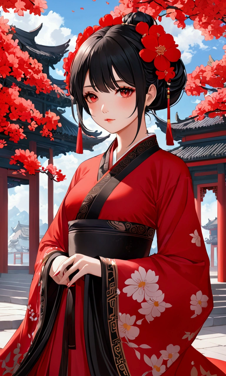Anime girl in a red and black dress with red flowers in her hair ...