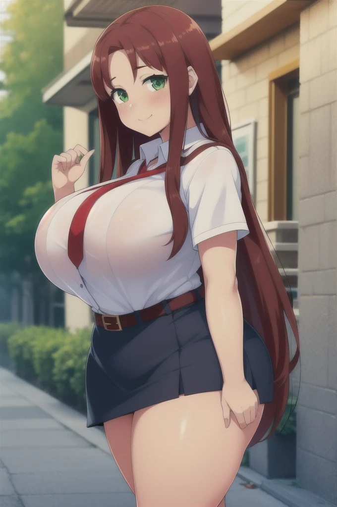 highres, Gigantic breasts, huge breasts, large breasts, wide hips, thick thighs, fat thighs, chubby, olgdmi, 1girl, solo, long hair, brown hair, green eyes, sweet smile, affectionate, (blush), cute, happy, looking at viewer, shirt, red hair, belt, short skirt,