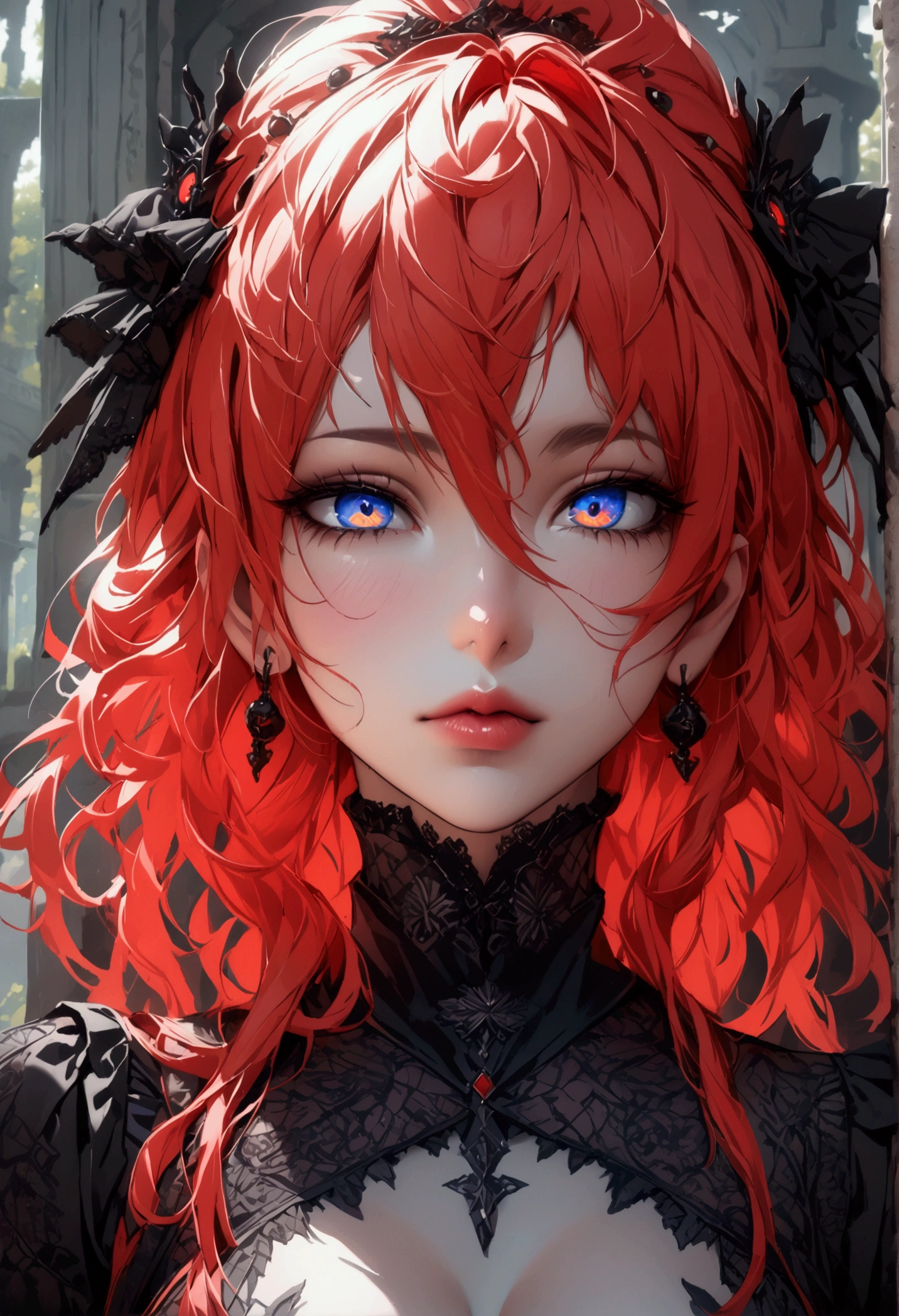 best quality, masterpiece, ultra high res, (photorealistic:1.2), redhaired woman , (detailed face:1.2), (detailed eyes:1.2), (detailed hair:1.2), (detailed clothes:1.2), 4k, gothic-style, simi-colorful,  beautiful features 