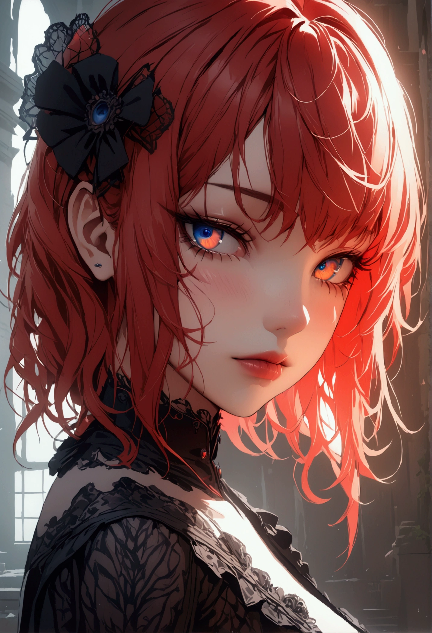 best quality, masterpiece, ultra high res, (photorealistic:1.2), redhaired woman , (detailed face:1.2), (detailed eyes:1.2), (detailed hair:1.2), (detailed clothes:1.2), 4k, gothic-style, simi-colorful,  beautiful features 