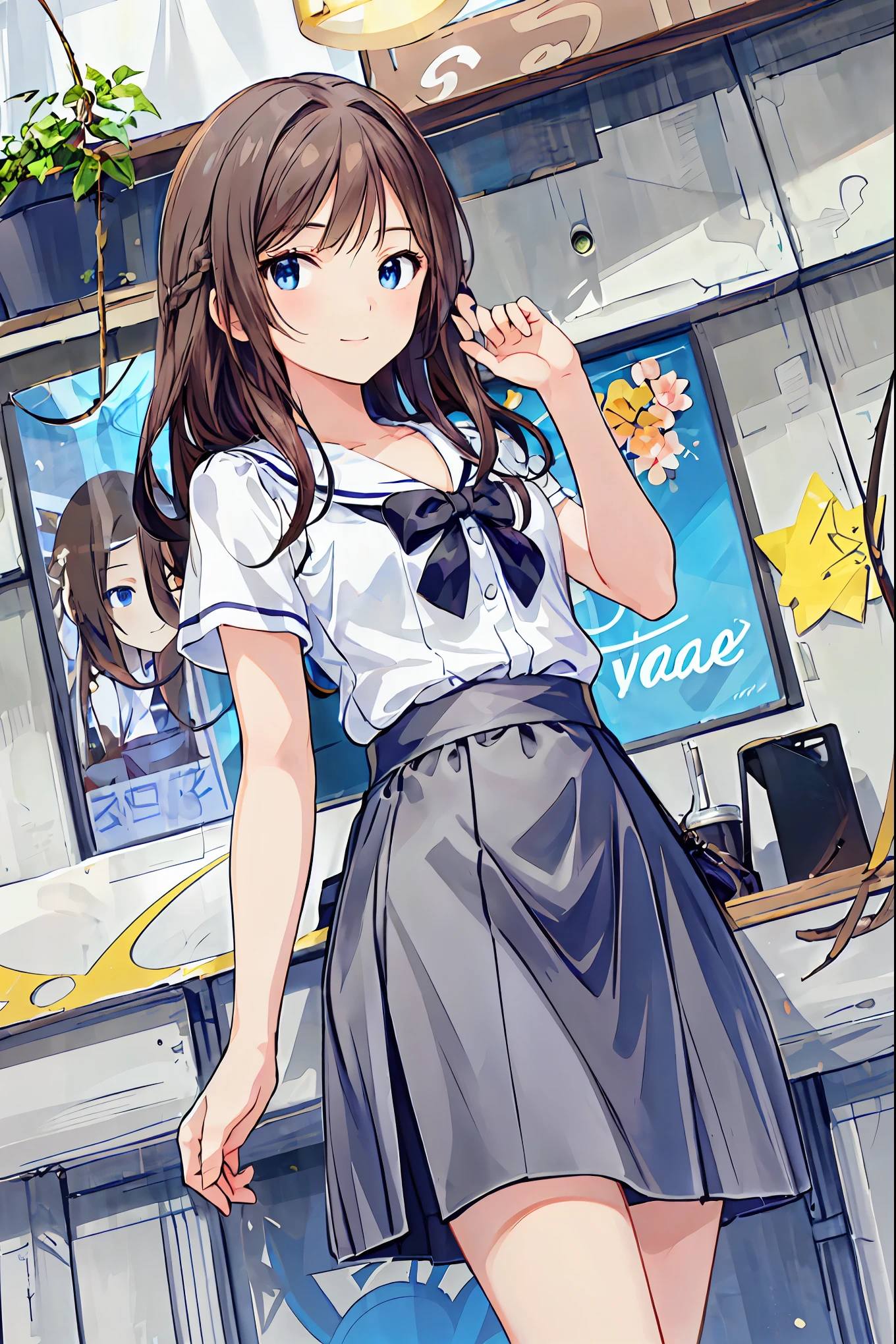 ()，Best Quality，Beautiful face in every detail，cute，Dark brown eyes，(背の低いcute女の子，Youngg and delicate girl）,（masterpiece，Best Quality)，Black Hair，Sleepy look，Short sleeve white shirt，Checkered Skirt，Pathetic，Pathetic，Pathetic，Brown Hair，Shortcuts，Messy Hair，Short braided hair，Neat，Slender beauty，A dignified posture，Small chest，Beautiful feet，Her captivating grey-blue eyes shine like stars，Vibrant colors,Beautiful Eyes,A delicate smile,Textured Skin,The best quality at its best,A kind and beautiful woman,Anime Style､break (masterpiece:1.2), Best Quality, High resolution, unity 8k wallpaper, (shape:0.8), (Beautiful attention to detail:1.6), Highly detailed face, Perfect lighting, Extremely detailed CG, (Perfect hands, Perfect Anatomy),((From below:1.2)),