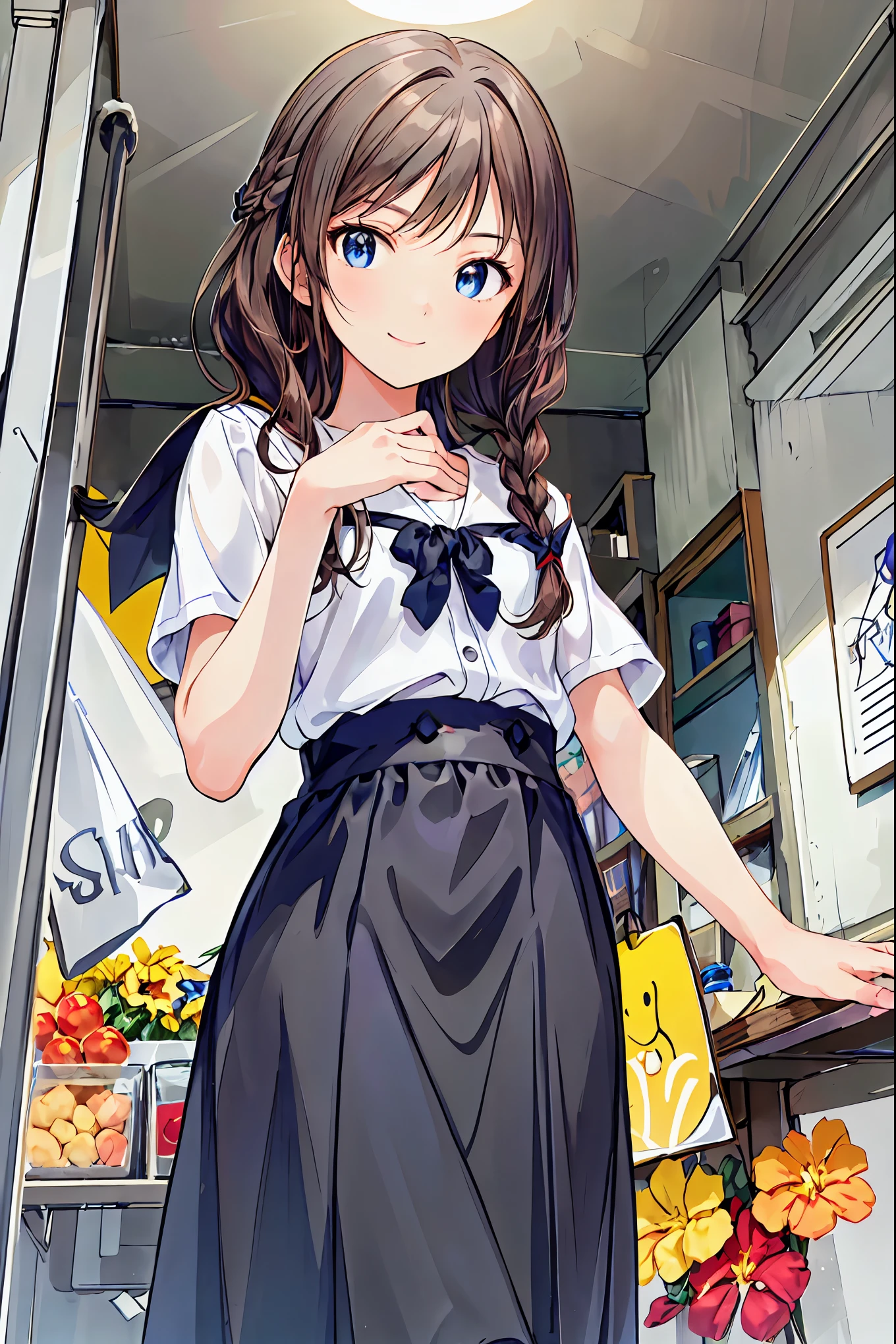(),Best Quality,Beautiful face in every detail,cute,Dark brown eyes,(背の低いcute女の子,Youngg and delicate girl),(masterpiece,Best Quality),Black Hair,Sleepy look,Short sleeve white shirt,Checkered Skirt,Pathetic,Pathetic,Pathetic,Brown Hair,Shortcuts,Messy Hair,Short braided hair,Neat,Slender beauty,A dignified posture,Small chest,Beautiful feet,Her captivating grey-blue eyes shine like stars,Vibrant colors,Beautiful Eyes,A delicate smile,Textured Skin,The best quality at its best,A kind and beautiful woman,Anime Style、break (masterpiece:1.2), Best Quality, High resolution, unity 8k wallpaper, (shape:0.8), (Beautiful attention to detail:1.6), Highly detailed face, Perfect lighting, Extremely detailed CG, (Perfect hands, Perfect Anatomy),((From below:1.2)),