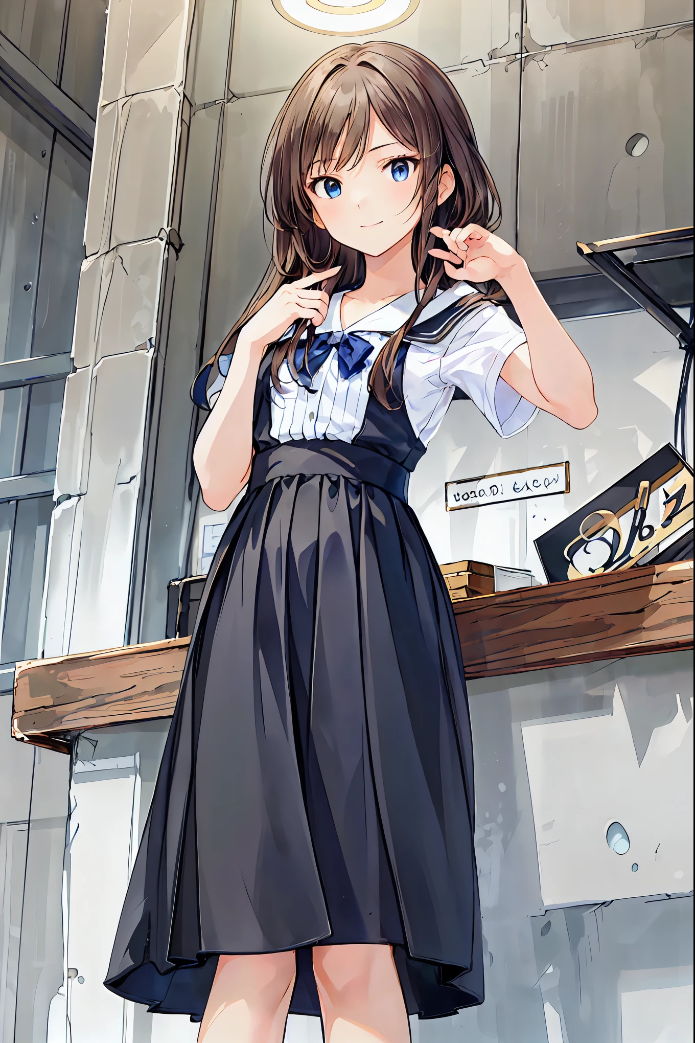 ()，Best Quality，Beautiful face in every detail，cute，Dark brown eyes，(背の低いcute女の子，Youngg and delicate girl）,（masterpiece，Best Quality)，Black Hair，Sleepy look，Short sleeve white shirt，Checkered Skirt，Pathetic，Pathetic，Pathetic，Brown Hair，Shortcuts，Messy Hair，Short braided hair，Neat，Slender beauty，A dignified posture，Small chest，Beautiful feet，Her captivating grey-blue eyes shine like stars，Vibrant colors,Beautiful Eyes,A delicate smile,Textured Skin,The best quality at its best,A kind and beautiful woman,Anime Style､break (masterpiece:1.2), Best Quality, High resolution, unity 8k wallpaper, (shape:0.8), (Beautiful attention to detail:1.6), Highly detailed face, Perfect lighting, Extremely detailed CG, (Perfect hands, Perfect Anatomy),((From below:1.2)),