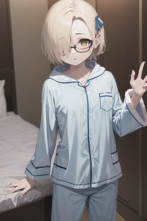 masterpiece, Best Quality, High resolution, Amica, Hair Ribbon, clavicle, standing, Cowboy Shot,, Shirasaka Koume, Blonde, hair over one eye, short hair, Brown eyes, Flat Chest,(Hiding one eye),Hidden right eye、 (Perfect hands, Perfect Anatomy),Small breasts,bedroom,Baggy clothes,Night room,(Fluffy zombie costume pajamas:1.4), (Open pajamas:1.2), (Pale light blue pajamas:1.4), Zombie Hoodie,Bloody design clothes, (Food Up:1.Under the hoodie, Oversized hoodie), Five fingers,One Girl,Alone