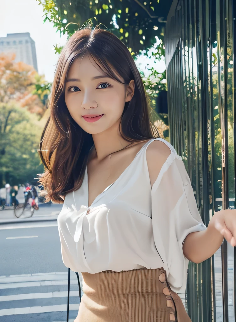 1 female,18-year-old,(numerical portrait:Mayu Yokota, Yuko Araki),black eye,beautiful face,(thin skeletal surface+delicate features、),非常にdetailed face,(delicate Japanese makeup), black eyelash curls for long hair,(messy and layered, by bangs), smile,Please look into the camera,fair and smooth skin,(optimal skin type:1.21),(clavicle:1.2),slim fit suits for women,V neck white short shirt,(deep v neck,big breasts),short hip wrap skirt,(realistic close-up photo of woman),thin waist、long legs,(slim body shape),street,((Hasselblad Photos)),surreal pictures, Physically based rendering,professional lighting,exquisite details,detailed face,the picture is pure,perfect hands,perfect posture,ultra fine makeup,ultra-fine clothing material、live action、smile and stand up straight、1 photo