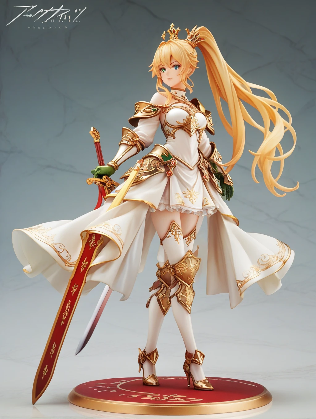 Score_9, Score_8_up, Score_7_up, sauce_anime,masterpiece, Best Quality, High resolution, Highly detailed CG, Absurd, One girl, Alone, a girl in armor and a smaill Crown holding a Big Sword, white_armor, Golden_Decoration, ((gold_dress)), Off the shoulder, thighhighs, Long Hair, side_ponytail, Blonde, leg armor, Clevis, small_Crown, gloves, armor, green_gloves, High heels, Off the shoulder armor, :), ((ornamental armor)),((Big Sword)), (Highly detailed eyes:1.3), (((Perfect Face)))