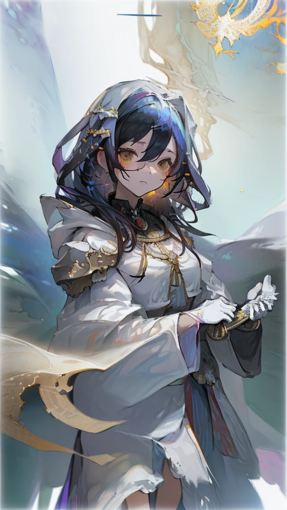 (masterpiece, Best Quality, Best Quality, Official Art, Beautiful and aesthetic:1.2), (One girl), Extremely detailed eyes, (Fractal Art:1.3), colorful, Most detailed, (Perfect Face), Shiny skin, High resolution, (White cloak, golden lines:1.2), galaxy, (Streaks of light), Impressive visuals, (Dynamic stripes, Shining Trail:1.2), Vibrant colors, (Phoenix), (Dragon)