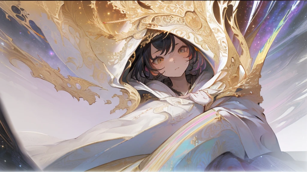 (masterpiece, Best Quality, Best Quality, Official Art, Beautiful and aesthetic:1.2), (One girl), Extremely detailed eyes, (Fractal Art:1.3), colorful, Most detailed, (Perfect Face), Shiny skin, High resolution, (White cloak, golden lines:1.2), galaxy, (Streaks of light), Impressive visuals, (Dynamic stripes, Shining Trail:1.2), Vibrant colors, (Phoenix), (Dragon)