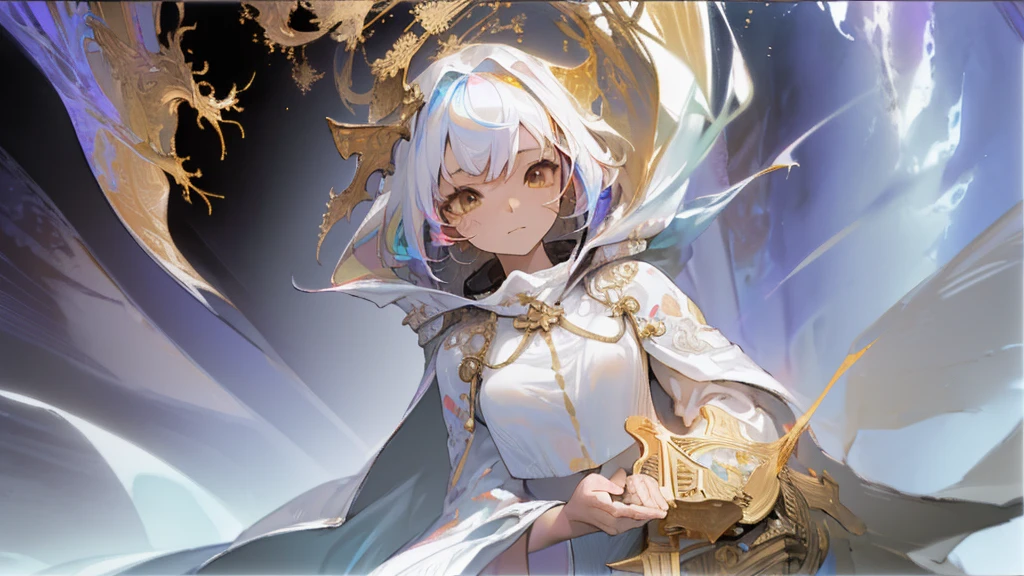 (masterpiece, Best Quality, Best Quality, Official Art, Beautiful and aesthetic:1.2), (One girl), Extremely detailed eyes, (Fractal Art:1.3), colorful, Most detailed, (Perfect Face), Shiny skin, High resolution, (White cloak, golden lines:1.2), galaxy, (Streaks of light), Impressive visuals, (Dynamic stripes, Shining Trail:1.2), Vibrant colors, (Phoenix), (Dragon)