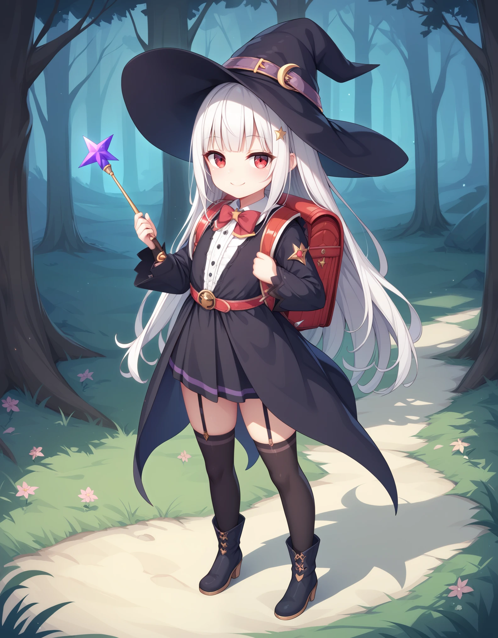 Masterpiece, hd, 2d, top-quality, full body, witch's hat, Belt to hat, white hair, long hair, Smooth straight hair,  smile, red eyes, a closed mouth, witch's robe, bowtie, holding Witch's Wand, outdoor, Petite,  , Witch's Boots, standing, contrasted, wearing randoseru backpack, (backpack:1.2), wearing thighhighs 