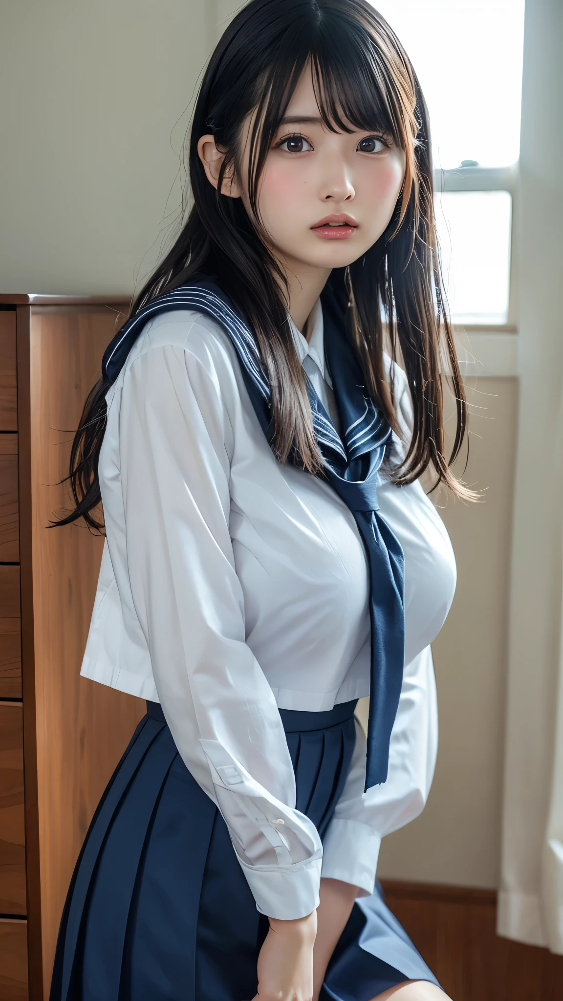 face is :9,3157126699], Realistic schoolgirl in Serafuk uniform taking pictures, serafuku、Seifuku, loose coat collar sailor uniform, Japan school uniform, A smile、Raw photo, (in 8K、top-quality、​masterpiece:1.2)、(intricate detailes:1.4)、(Photorealsitic:1.4)、octane renderings、Complex 3D rendering ultra detail, Studio Soft Light, Rim Lights, vibrant detail, super detailing, realistic skin textures, Detail Face, Beautiful detail eyes, Very detailed CG Unity 16k wallpaper, make - up, (detailedbackground:1.2),　shinny skin、turned around、Exposed thighs!!!、