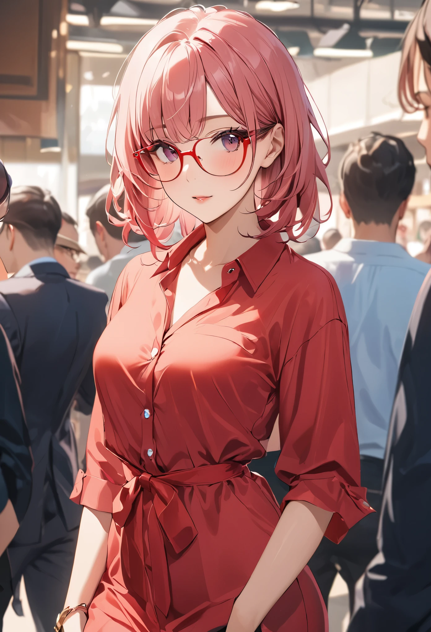 masterpiece, Cowboy Shot, Pink Hair, Wearing red glasses