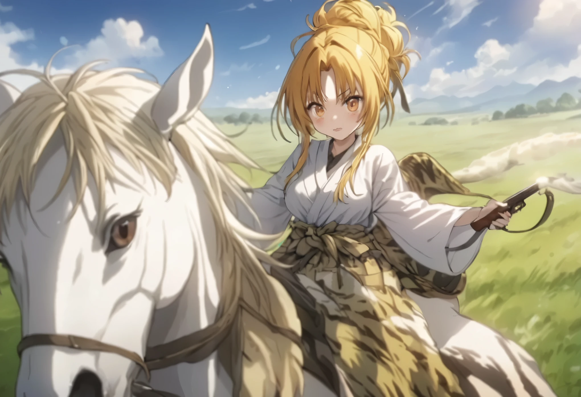 (((masterpiece、Best Quality、High resolution、High precision)、anime))、Beautiful normal breasts、(Dynamic pose)、Looking into the camera、(Beautiful detailed face、Beautiful big eyes、Light in the eyes)、((One Girl))、((Embarrassed face))、Red cheeks、Holds a matchlock gun in his right hand、Riding a White Horse、Wearing an open kimono、Wear a tiger skin around your waist、Yellow updo hair、Horse riding on the grassland