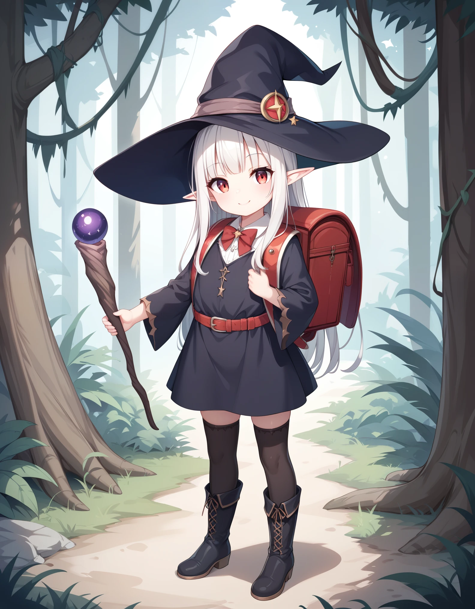 Masterpiece, hd, 2d, top-quality, full body, witch's hat, Belt to hat, white hair, long hair, Smooth straight hair,elf, pointed ears,  smile, red eyes, a closed mouth, witch's robe, bowtie, holding Witch's Wand, outdoor, Petite,  child, Witch's Boots, standing, contrasted, wearing randoseru backpack, (backpack:1.2), wearing thighhighs, jungle