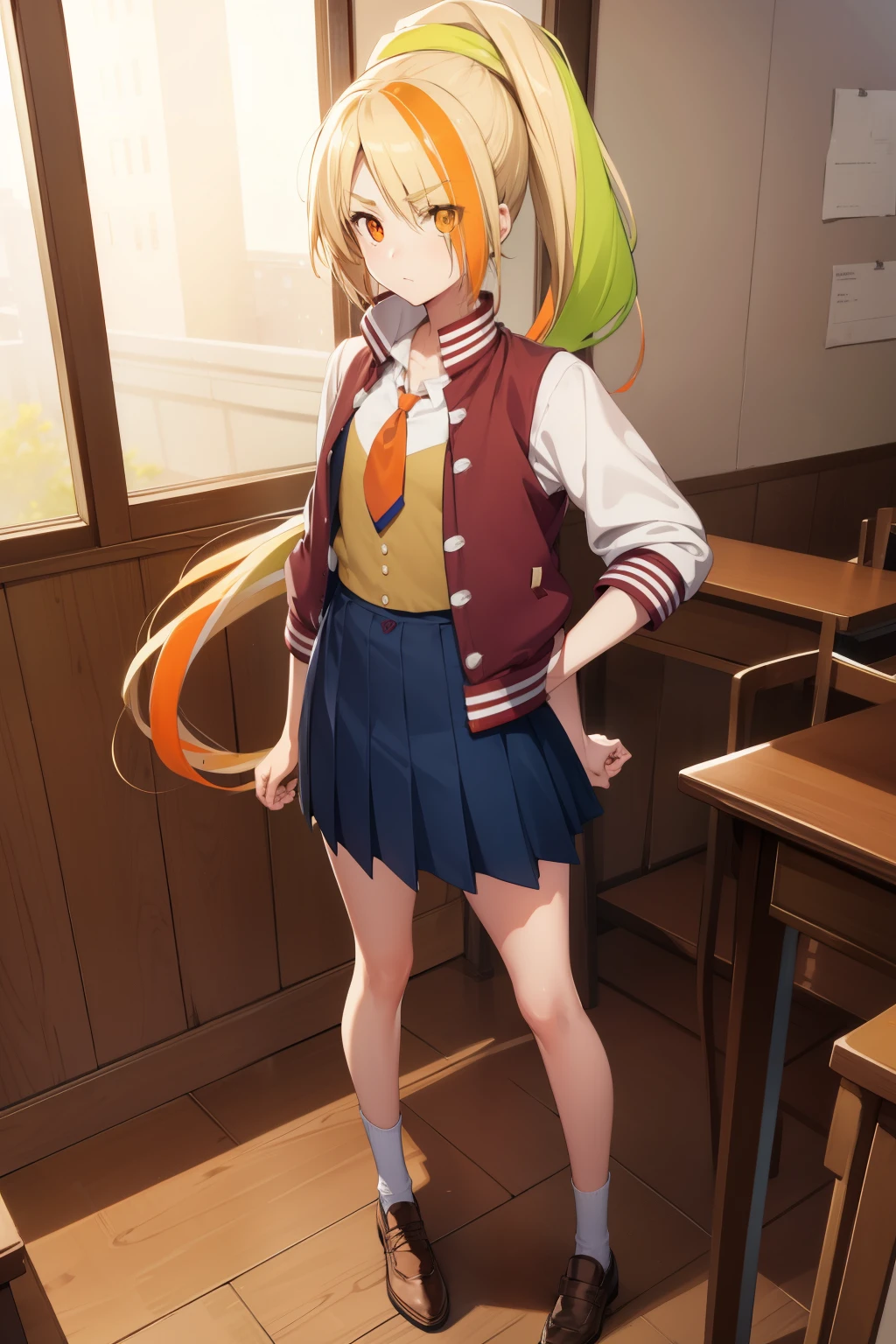 sakinikaidou, saki nikaidou, blonde hair, eyes visible through hair, hair over one eye, light green hair, long hair, multicolored hair, (orange eyes:1.5), orange hair, ponytail, streaked hair, (small breast:1.2),
BREAK blue skirt, jacket, (letterman jacket:1.5), necktie, orange necktie, skirt,
BREAK looking at viewer, full body,
BREAK indoors, classroom,
BREAK (masterpiece:1.2), best quality, high resolution, unity 8k wallpaper, (illustration:0.8), (beautiful detailed eyes:1.6), extremely detailed face, perfect lighting, extremely detailed CG, (perfect hands, perfect anatomy),