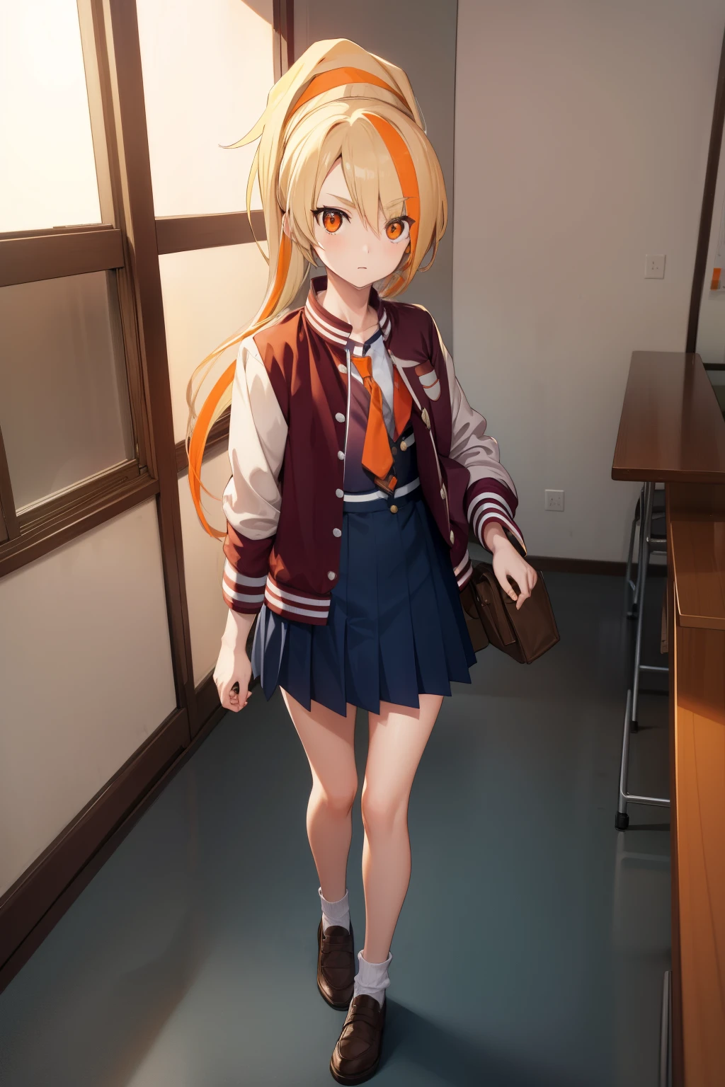 sakinikaidou, saki nikaidou, blonde hair, eyes visible through hair, hair over one eye, light green hair, long hair, multicolored hair, (orange eyes:1.5), orange hair, ponytail, streaked hair, (small breast:1.2),
BREAK blue skirt, jacket, (letterman jacket:1.5), necktie, orange necktie, skirt,
BREAK looking at viewer, full body,
BREAK indoors, classroom,
BREAK (masterpiece:1.2), best quality, high resolution, unity 8k wallpaper, (illustration:0.8), (beautiful detailed eyes:1.6), extremely detailed face, perfect lighting, extremely detailed CG, (perfect hands, perfect anatomy),