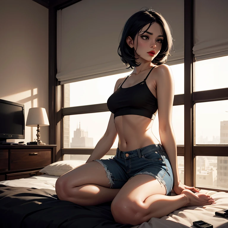 woman, (mature), black hair, middle partition, black eyes, dark red lips, sheer thin strap crop-top, torn jeans, barefoot, in bedroom near window, dynamic lighting, two tone lighting, high contrast