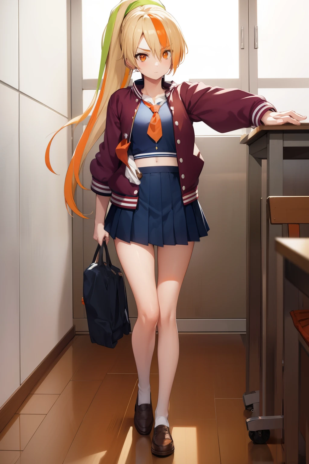 sakinikaidou, saki nikaidou, blonde hair, eyes visible through hair, hair over one eye, light green hair, long hair, multicolored hair, (orange eyes:1.5), orange hair, ponytail, streaked hair, (small breast:1.2),
BREAK blue skirt, jacket, (letterman jacket:1.5), necktie, orange necktie, skirt,
BREAK looking at viewer, full body,
BREAK indoors, classroom,
BREAK (masterpiece:1.2), best quality, high resolution, unity 8k wallpaper, (illustration:0.8), (beautiful detailed eyes:1.6), extremely detailed face, perfect lighting, extremely detailed CG, (perfect hands, perfect anatomy),