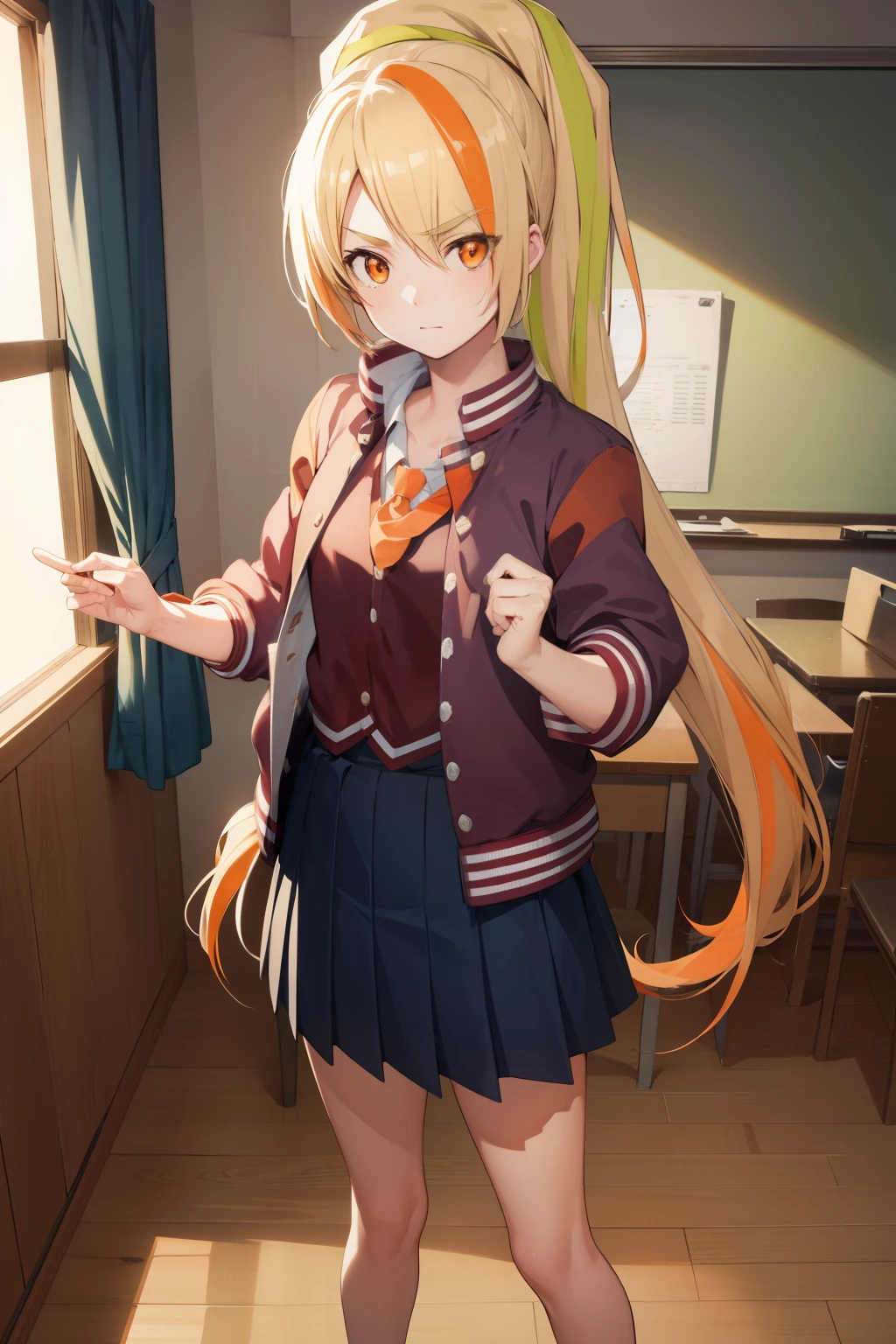 sakinikaidou, saki nikaidou, blonde hair, eyes visible through hair, hair over one eye, light green hair, long hair, multicolored hair, (orange eyes:1.5), orange hair, ponytail, streaked hair, (small breast:1.2),
BREAK blue skirt, jacket, (letterman jacket:1.5), necktie, orange necktie, skirt,
BREAK looking at viewer, full body,
BREAK indoors, classroom,
BREAK (masterpiece:1.2), best quality, high resolution, unity 8k wallpaper, (illustration:0.8), (beautiful detailed eyes:1.6), extremely detailed face, perfect lighting, extremely detailed CG, (perfect hands, perfect anatomy),