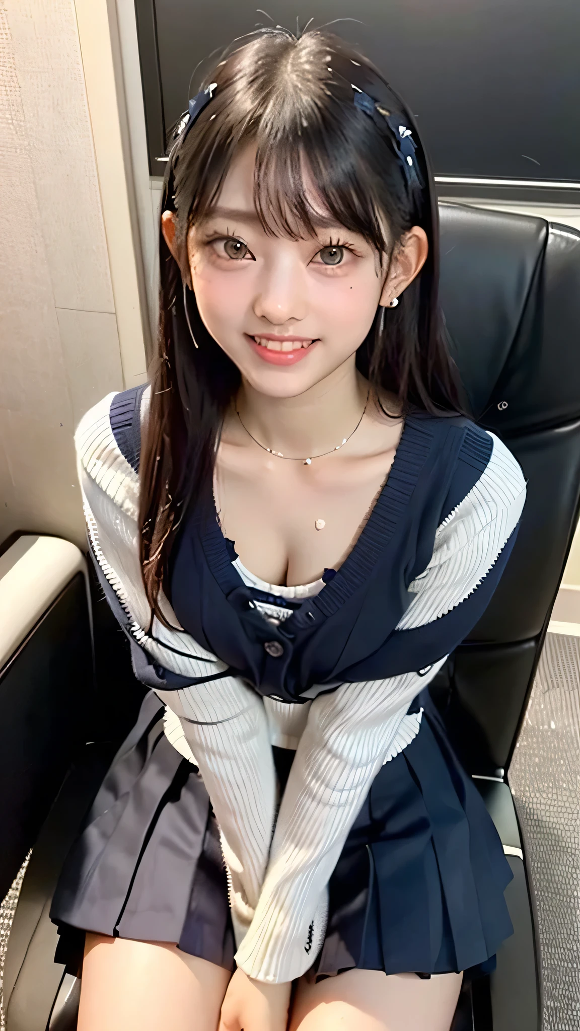 Beautiful waistline,cute,Thin legs,Small Face,Young Face,thin,Young Face,Please open your mouth a little.,sexy,Young Face,Small breasts,(Flat Chest:1.1),(masterpiece:1.3),Professional photos,(((Realistic,Ultra-realistic,Realistic,8k))),Viewer attention required,16k,32K,Ultra-high resolution,Delicate features,Super photogenic,clavicle,Ultra detailed face,Naturally Shiny Lips,Natural Light,Someone who quietly stares at you,Goddess-like eyes,Shining Eyes,Beautiful hip line,Delicate and sexy face,sensual gaze, (Sweaty, Glowing Skin:1.35),Fashion Model,The expression when enduring pleasure,(Sweating),The whole body is visible,Slender body,Lighting that emphasizes sweat,,(smile:1.25),The cleavage is visible,high school student,Navy blue pleated skirt,Student Uniform,Japanese school classroom,School chair,machine,Long sleeve grey oversized cardigan,He is wearing a white uniform under his cardigan.,Sitting in a chair,(Breast flash:1.5),Wearing earrings