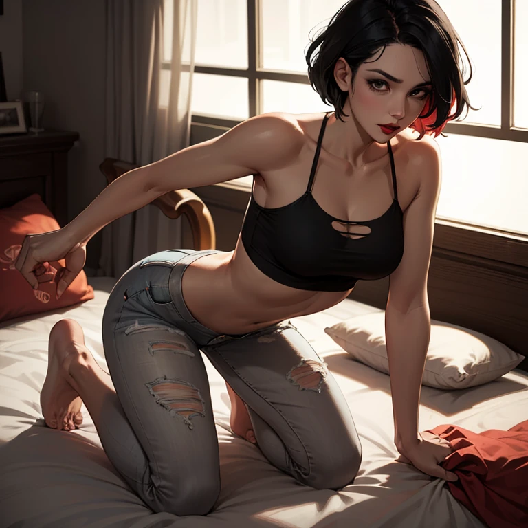 woman, (mature), black hair, middle partition, black eyes, dark red lips, sheer thin strap crop-top, torn jeans, barefoot, in bedroom near window, dynamic lighting, two tone lighting, high contrast