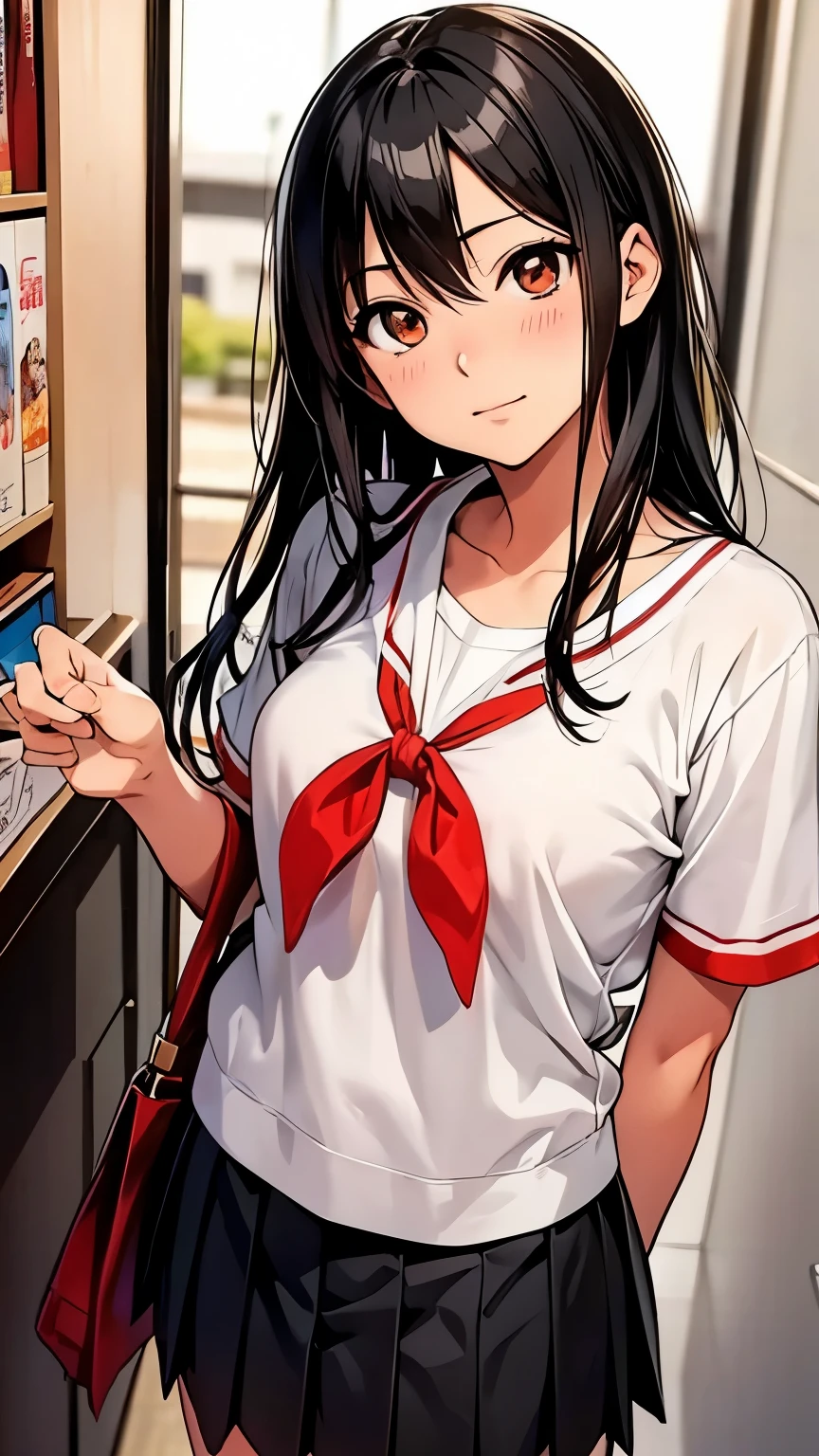 Anime, realistic, Azuki Miho, heroine of the Japanese manga "Bakuman", cute and expressive, black hair, (turning around), red pleated skirt