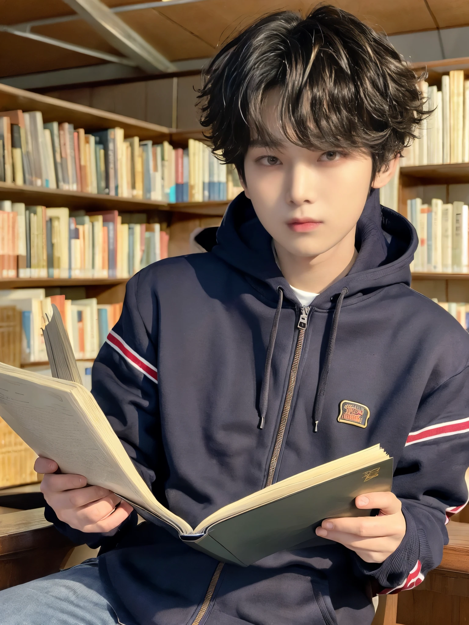 RAW Photos, 8k, (top-quality), Realistic, (live-action, Intricate details),a  male，Asian Men，Korean men，((he has curls，Golden brown curls))，((golden brown curly hair))，((wearing a hoodie，casual wear，black jeans)),((curls)),((Reading books in the library))