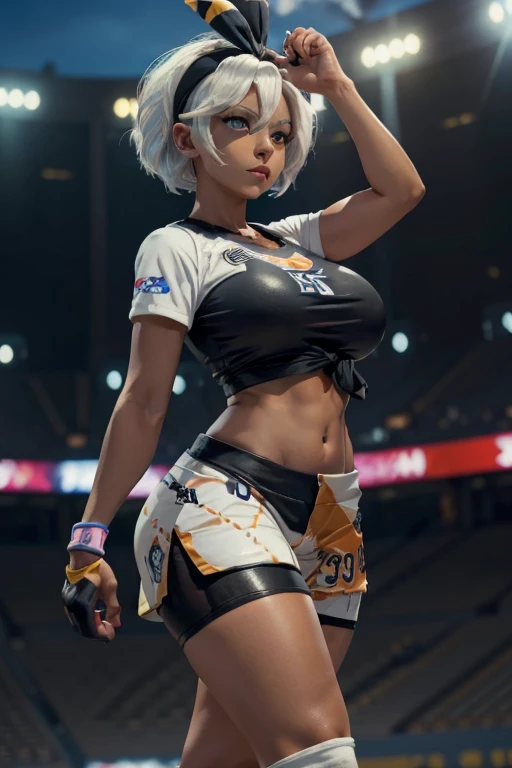 (masterpiece), best quality, expressive eyes, perfect face, front lighting, (pokemon sport stadium at night background), (walking), (cleavage closeup view), (happy face), (1girl, milf, bea, pokemon, blue eyes, dark skin, (dark-skinned female:1.5), white hair, bob hairstyle with hairbow, hourglass figure, thin body, skinny body, petite_body, large breasts, huge breasts, oppai, wide hips, thick thighs), (pokemon shirt with front knot, croptop, short sleeve, navel, shorts, knee pads, glove on one hand),