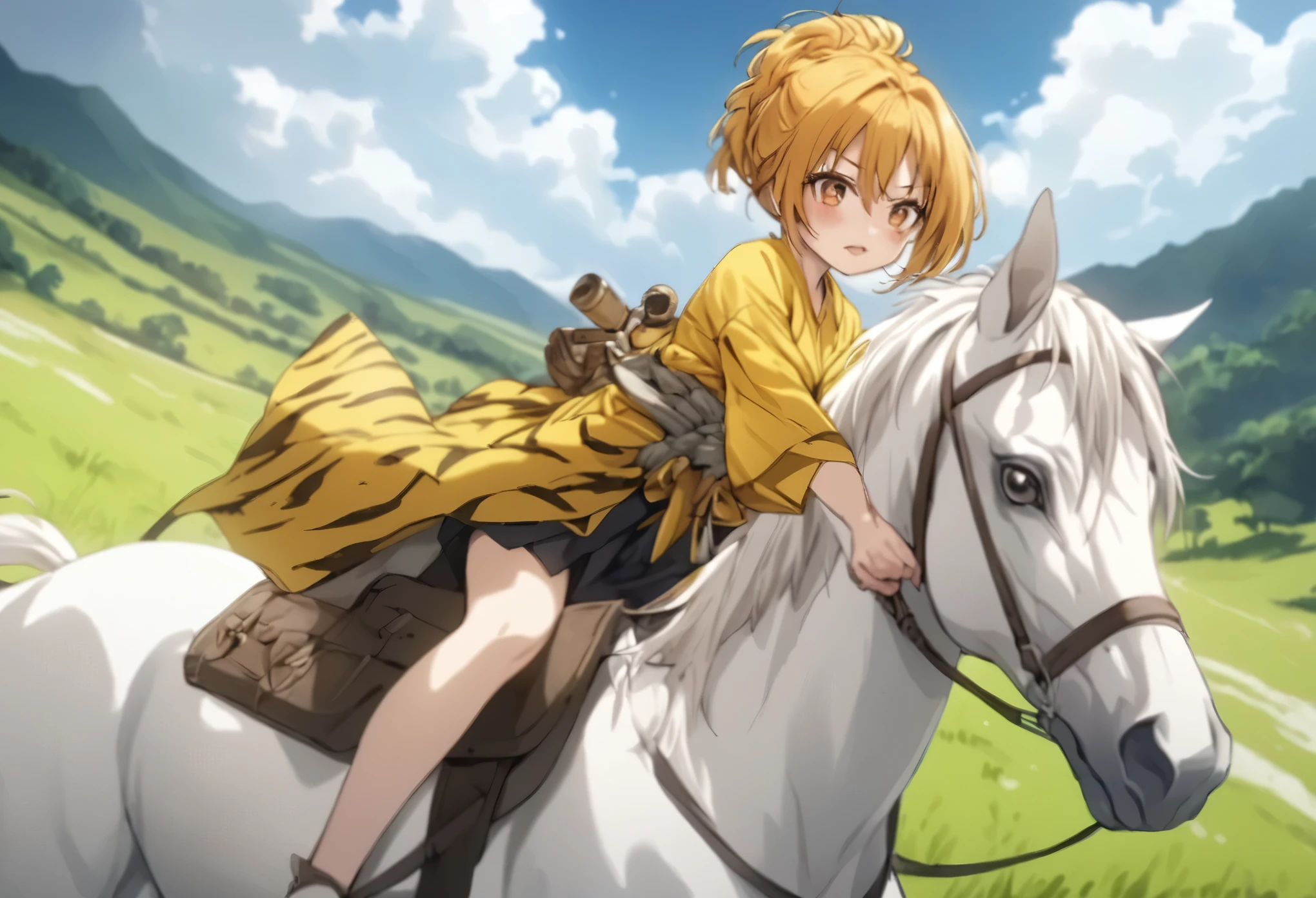 (((masterpiece、Best Quality、High resolution、High precision)、anime))、Beautiful normal breasts、(Dynamic pose)、Looking into the camera、(Beautiful detailed face、Beautiful big eyes、Light in the eyes)、((One Girl))、((Embarrassed face))、Red cheeks、Holds a matchlock gun in his right hand、Riding a White Horse、Wearing an open kimono、Wear a tiger skin around your waist、Yellow updo hair、Horse riding on the grassland