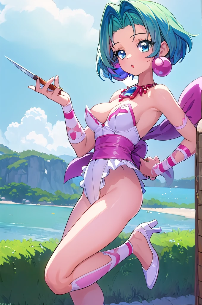 (masterpiece, Best Quality:1.2),One girl, Alone, toshinden_Ellis, whole body,Looking up from below, Jump, White high leg leotard, Pink waist bow,big round earrings, big red necklace,White high heels,Green Hair, Parted bangs, short hair, blue eyes, School,With a knife in each hand