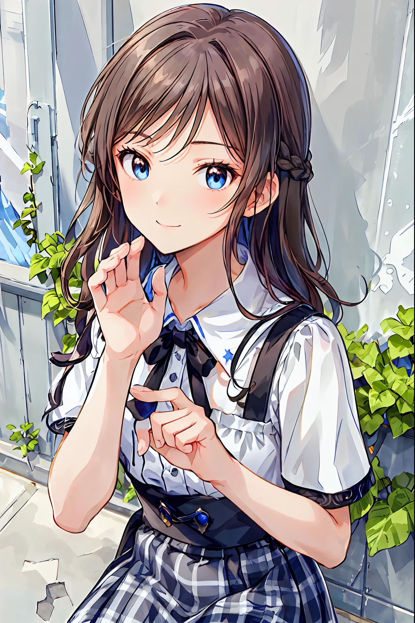 (),Best Quality,Beautiful face in every detail,cute,Dark brown eyes,(背の低いcute女の子,Youngg and delicate girl),(masterpiece,Best Quality),Black Hair,Sleepy look,Short sleeve white shirt,Checkered Skirt,Pathetic,Pathetic,Pathetic,Brown Hair,Shortcuts,Messy Hair,Short braided hair,Neat,Slender beauty,A dignified posture,Small chest,Beautiful feet,Her captivating grey-blue eyes shine like stars,Vibrant colors,Beautiful Eyes,A delicate smile,Textured Skin,The best quality at its best,A kind and beautiful woman,Anime Style、break (masterpiece:1.2), Best Quality, High resolution, unity 8k wallpaper, (shape:0.8), (Beautiful attention to detail:1.6), Highly detailed face, Perfect lighting, Extremely detailed CG, (Perfect hands, Perfect Anatomy),((From above:1.2)),