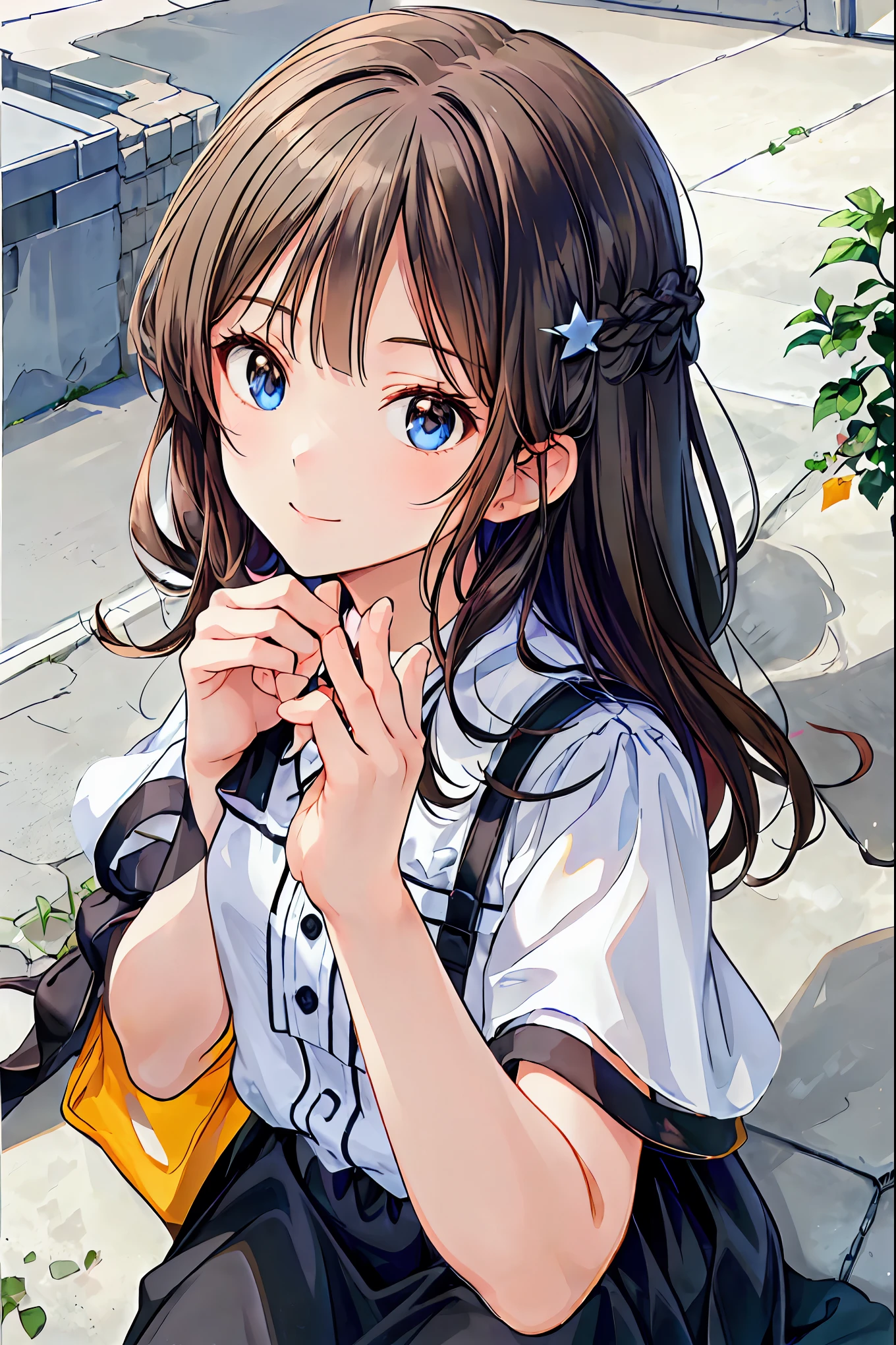 (),Best Quality,Beautiful face in every detail,cute,Dark brown eyes,(背の低いcute女の子,Youngg and delicate girl),(masterpiece,Best Quality),Black Hair,Sleepy look,Short sleeve white shirt,Checkered Skirt,Pathetic,Pathetic,Pathetic,Brown Hair,Shortcuts,Messy Hair,Short braided hair,Neat,Slender beauty,A dignified posture,Small chest,Beautiful feet,Her captivating grey-blue eyes shine like stars,Vibrant colors,Beautiful Eyes,A delicate smile,Textured Skin,The best quality at its best,A kind and beautiful woman,Anime Style、break (masterpiece:1.2), Best Quality, High resolution, unity 8k wallpaper, (shape:0.8), (Beautiful attention to detail:1.6), Highly detailed face, Perfect lighting, Extremely detailed CG, (Perfect hands, Perfect Anatomy),((From above:1.2)),