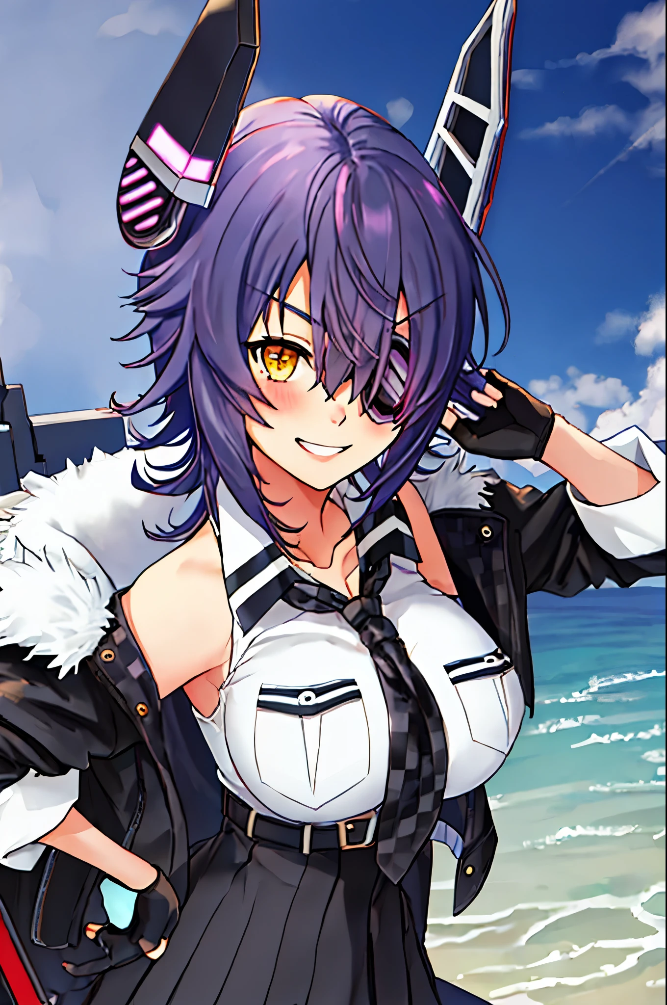 best quality, masterpiece, solo, {tenryuu_kantaicollection:1.15}, teen_girl, eyepatch, short_hair, purple_hair, yellow_eyes, headgear, breasts, necktie, big_breasts, smile, 1girl, blush, checkered_necktie, hair_over_one_eye, shirt, portrait, white_shirt, jacket, sleeveless, fur-trimmed_jacket, fur_trim, collarbone, looking_at_viewer, pocket, breast_pocket, messy_hair, black_gloves, gloves, partially_fingerless_gloves,harbor_road_landscape_background,outdoor,nihl, cleavage,solo