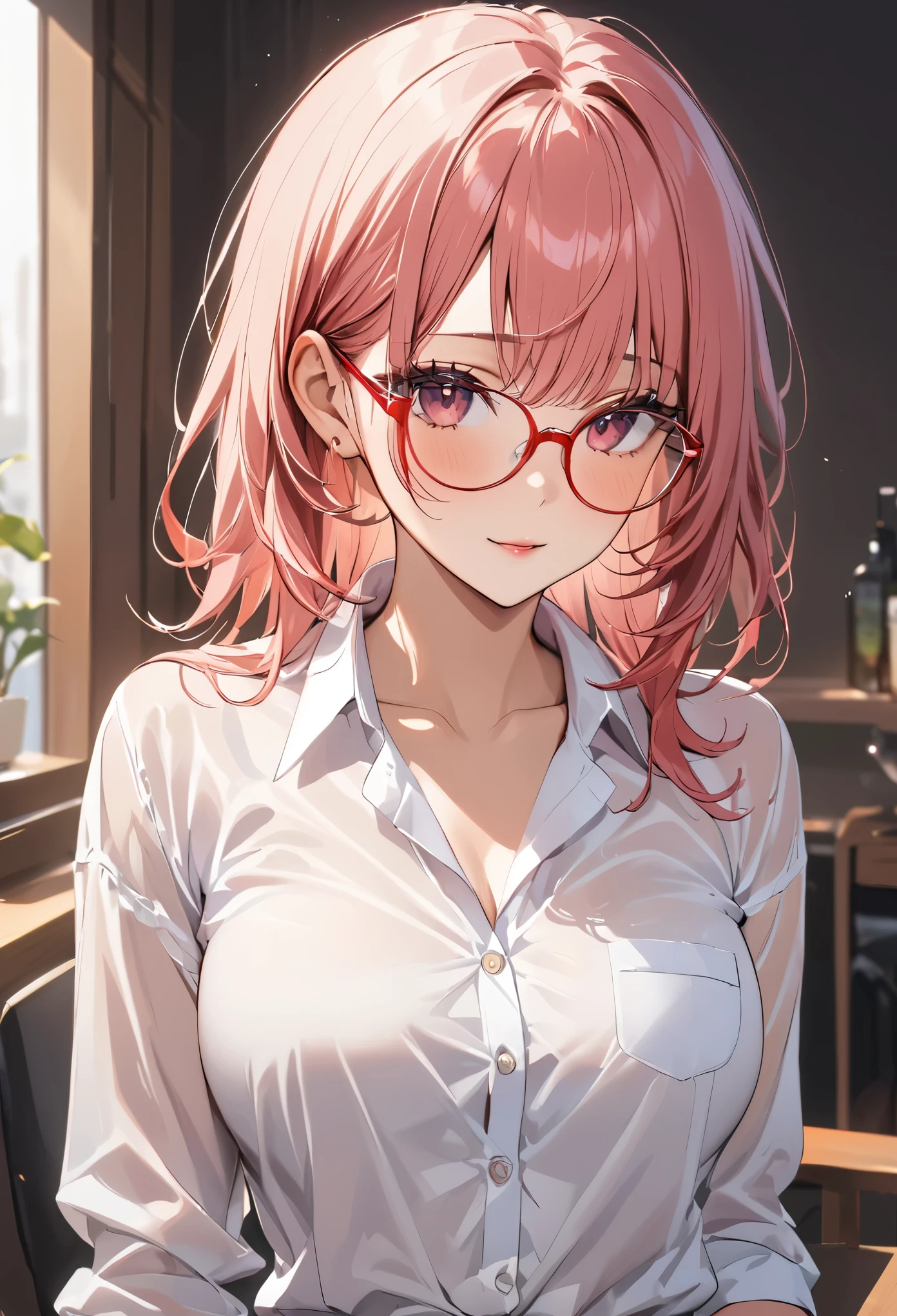 masterpiece, One Girl, Pink Hair, Wearing red glasses, Lingerie, He put on a white shirt