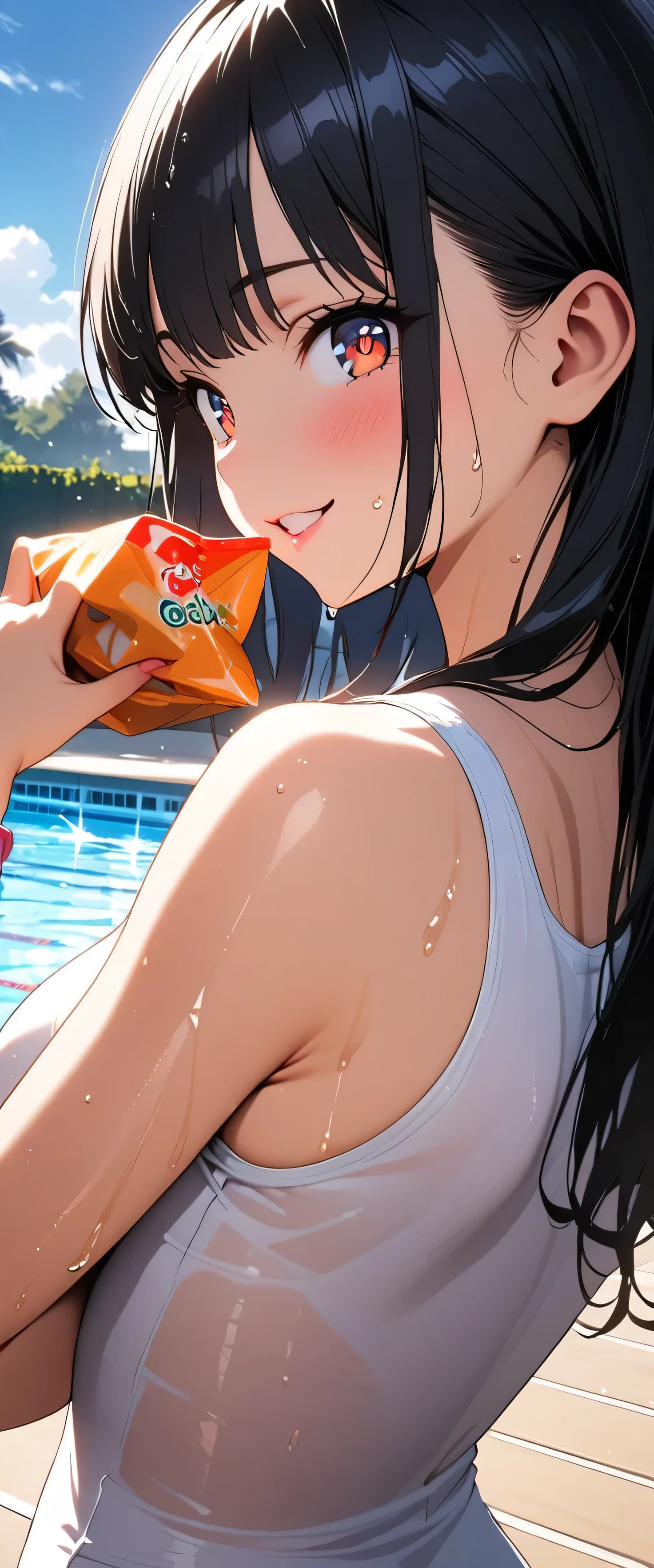 slim girl peeing into a glass, collecting pee, pee, peeing, urination, pee on legs, bare legs, barefoot, bottomless, t-shirt, lemonade stand, lemonade, pee puddles, lemonade glass, masterpiece, full body, splashing pee, pee going into a glass, pissing, piss
