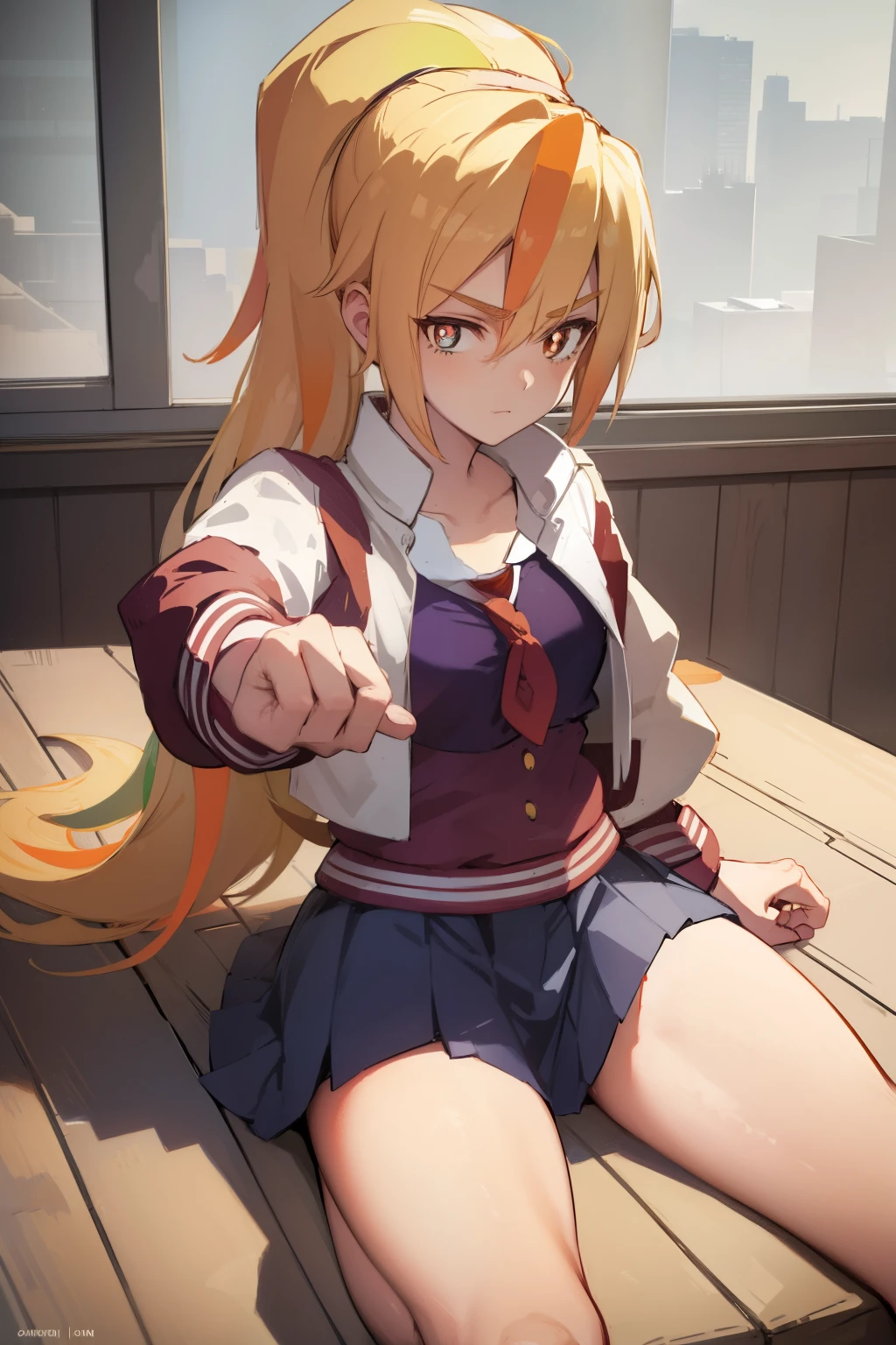 sakinikaidou, saki nikaidou, blonde hair, eyes visible through hair, hair over one eye, light green hair, long hair, multicolored hair, (orange eyes:1.5), orange hair, ponytail, streaked hair, (small breast:1.2),
BREAK blue skirt, jacket, (letterman jacket:1.5), necktie, orange necktie, skirt,
BREAK looking at viewer, full body,
BREAK indoors, classroom,
BREAK (masterpiece:1.2), best quality, high resolution, unity 8k wallpaper, (illustration:0.8), (beautiful detailed eyes:1.6), extremely detailed face, perfect lighting, extremely detailed CG, (perfect hands, perfect anatomy),