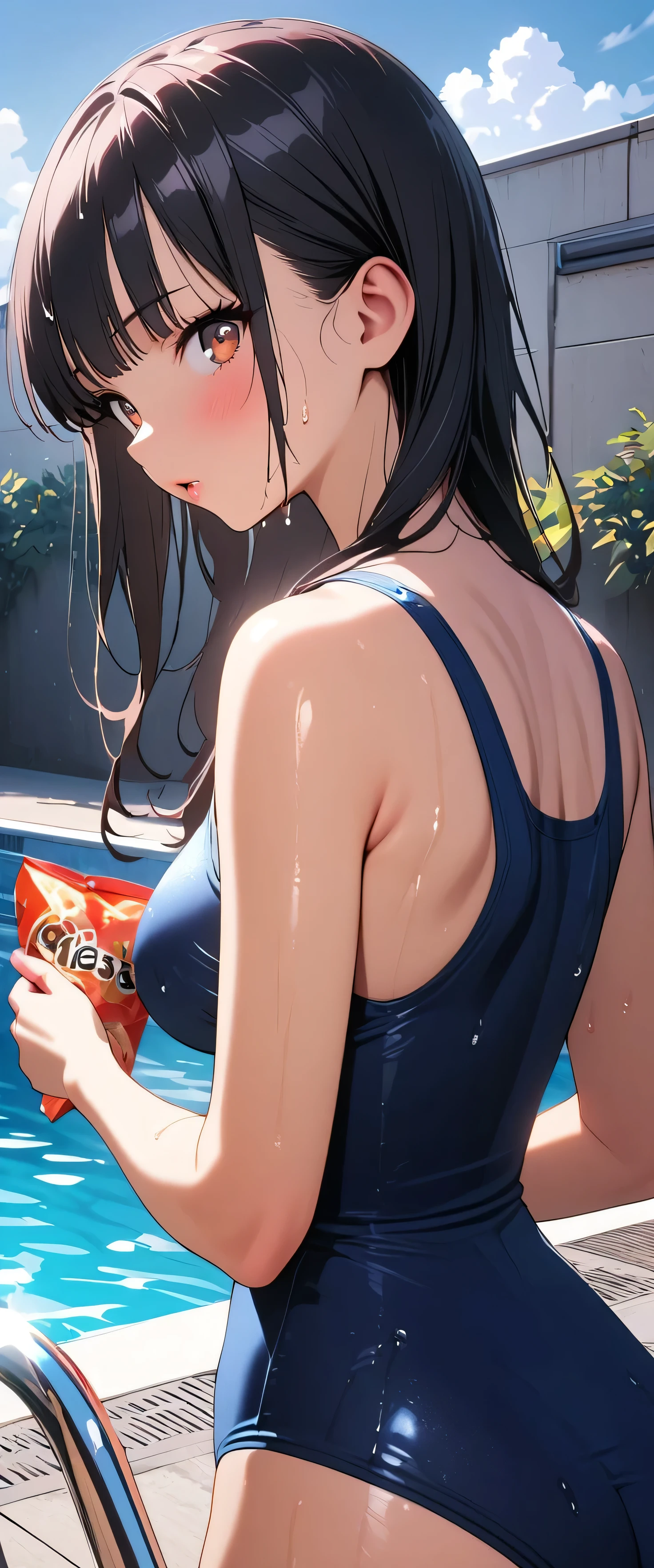 (masterpiece, best quality:1.2), 1 girl, alone , sexy , (orange_bikini), cowboy shot, black hair ,hair bun, (Sweat),  (pool_background) , outdoor ,(from behind), ass