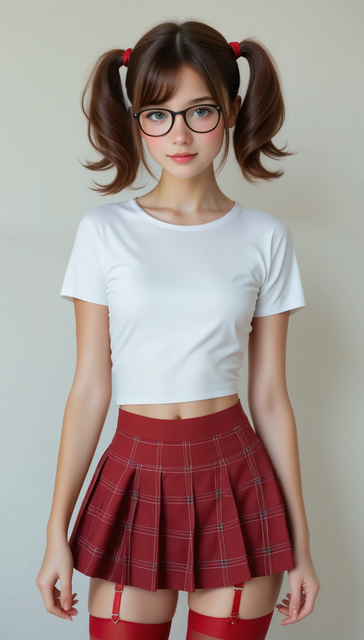 High image quality、masterpiece、Realistic、Perfect Anatomy,One teenager girl，cute***、超cute、onde Hair、Very short，、zoom、cute、Grey Eyes、、Twin tails、Glasses、White T-shirt、(Gingham Check Culotte Skirt:1.37)，Red Stockings、Red Garter Belt、belly button，blank，Black Light