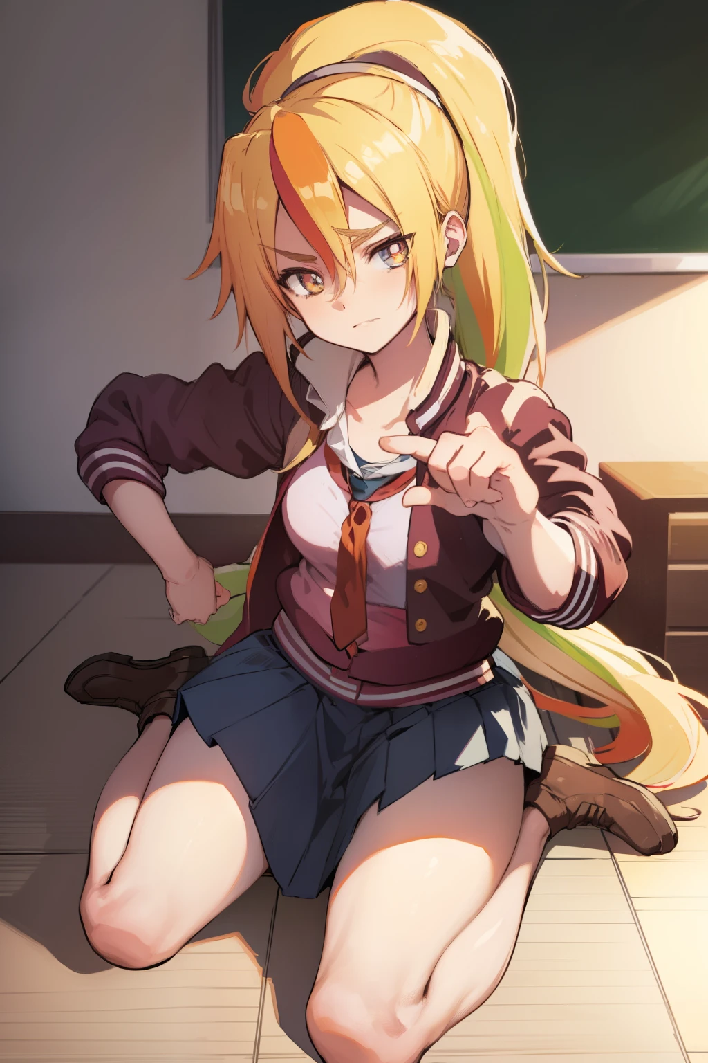 sakinikaidou, saki nikaidou, blonde hair, eyes visible through hair, hair over one eye, light green hair, long hair, multicolored hair, (orange eyes:1.5), orange hair, ponytail, streaked hair, (small breast:1.2),
BREAK blue skirt, jacket, (letterman jacket:1.5), necktie, orange necktie, skirt,
BREAK looking at viewer, full body,
BREAK indoors, classroom,
BREAK (masterpiece:1.2), best quality, high resolution, unity 8k wallpaper, (illustration:0.8), (beautiful detailed eyes:1.6), extremely detailed face, perfect lighting, extremely detailed CG, (perfect hands, perfect anatomy),