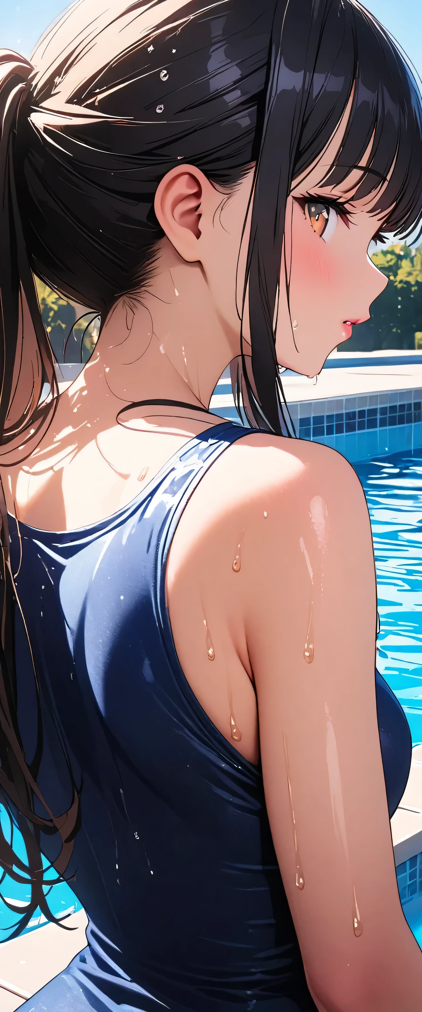 (beautiful girl: 1.3),One girl,masterpiece,Please redeem,Ultra-high resolution,Rich contrast,Very high quality,8k,Highly detailed CG unit wallpaper,Texture,So ridiculous,RAW Photos,Please redeem anime,Depth of written boundary 1.2,ultra-detailed eyes,Glowing Skin,Glitter Effect,Beautiful glossy lips,Yamada Anna,dark blue hair,brown eyes,long hair,sidelocks,(from behind:1.2),Pool,blue sky,School Swimsuit,Close-up on the nape,(wet)