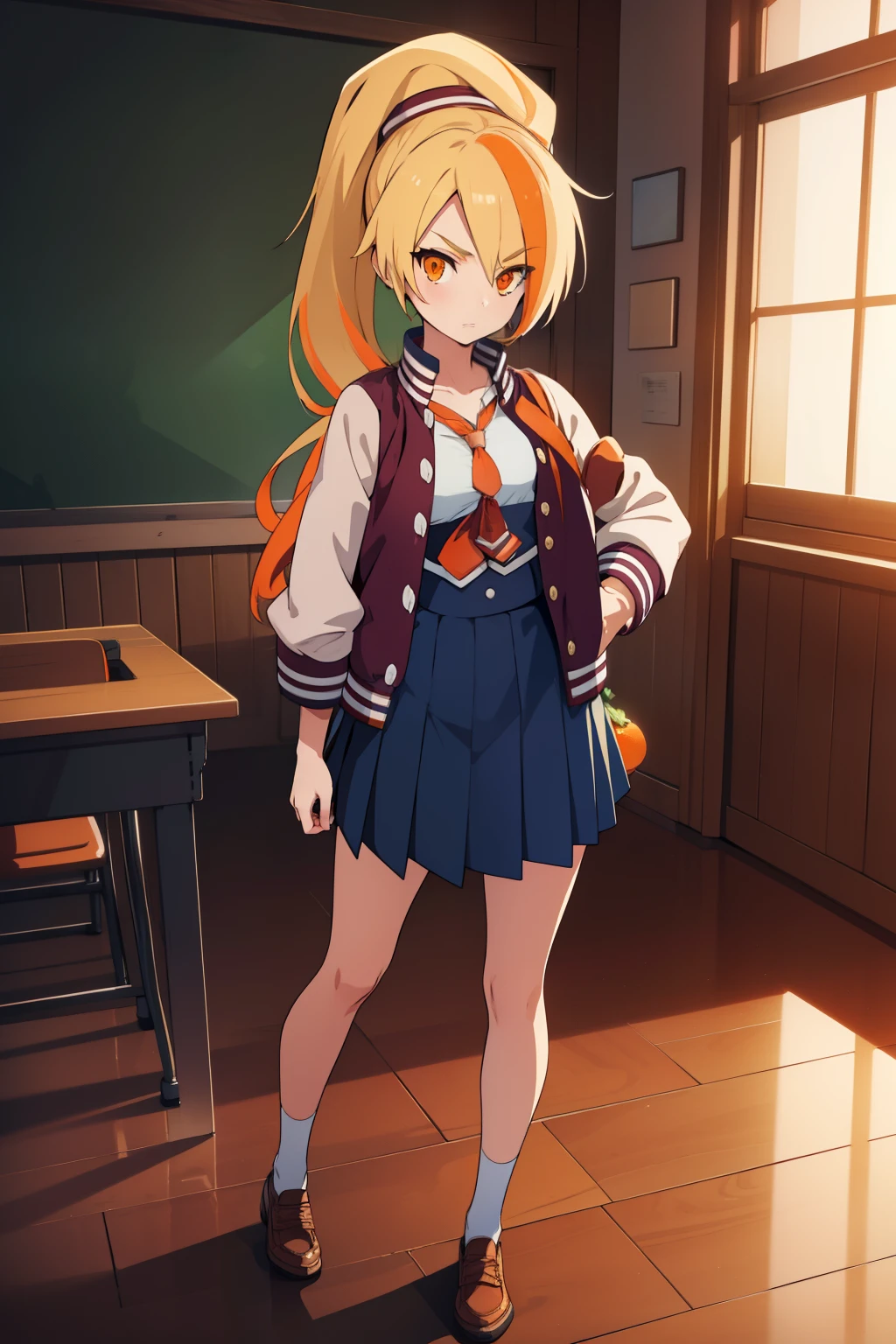 sakinikaidou, saki nikaidou, blonde hair, eyes visible through hair, hair over one eye, light green hair, long hair, multicolored hair, (orange eyes:1.5), orange hair, ponytail, streaked hair, (small breast:1.2),
BREAK blue skirt, jacket, (letterman jacket:1.5), necktie, orange necktie, skirt,
BREAK looking at viewer, full body,
BREAK indoors, classroom,
BREAK (masterpiece:1.2), best quality, high resolution, unity 8k wallpaper, (illustration:0.8), (beautiful detailed eyes:1.6), extremely detailed face, perfect lighting, extremely detailed CG, (perfect hands, perfect anatomy),