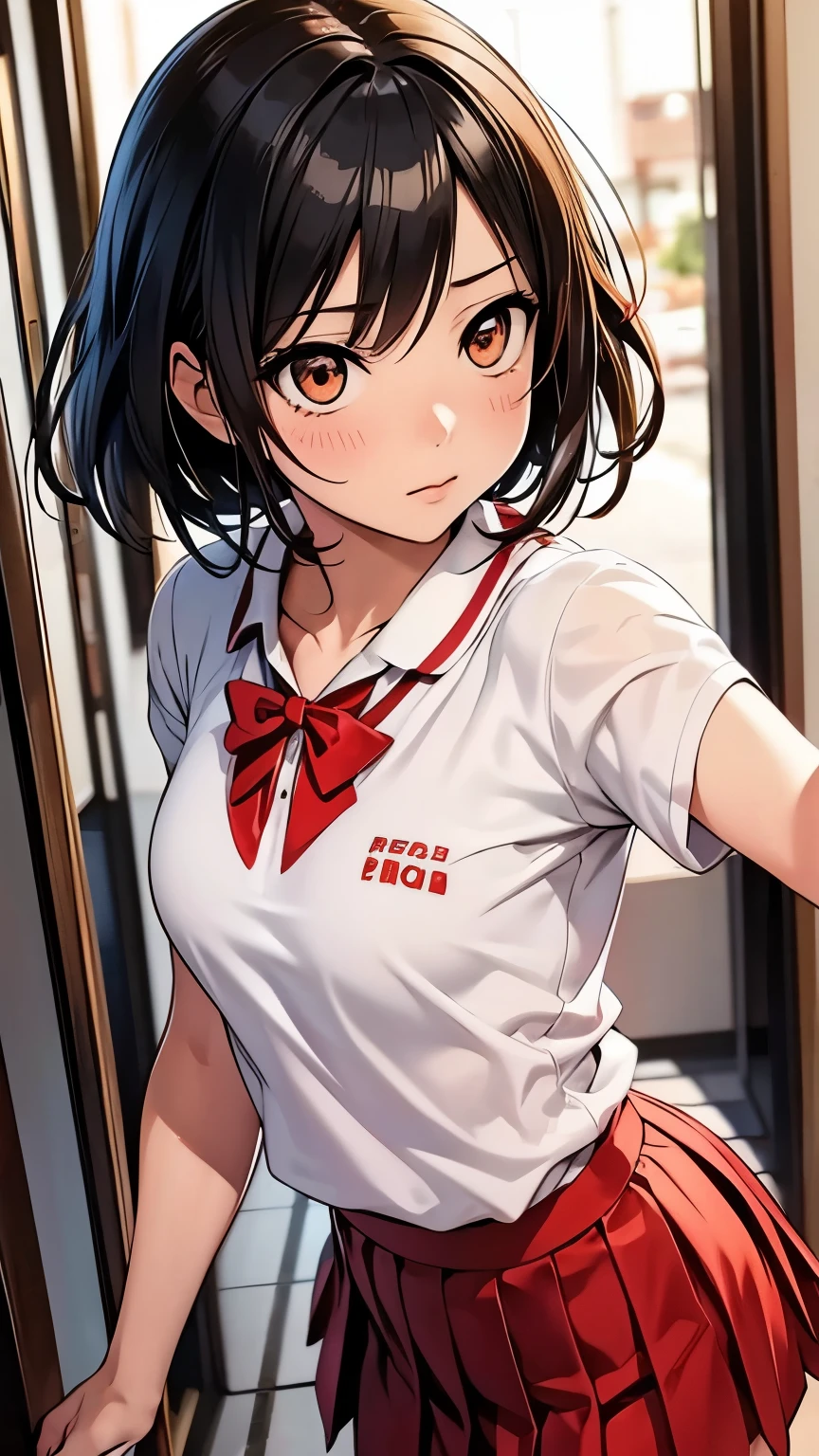 (Turn around), anime, realistic, Azuki Miho, heroine of the Japanese manga "Bakuman", cute and expressive face, black hair, red pleated skirt