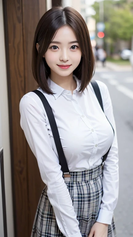 little young girl.................,, in front of the school、Connect to skirt with suspenders、White shirt with long sleeves、Plaid skirt、, , sakimichan,, nice and cute, Innocent smile, , Lovely smile, sakimichan HDRI、 big 、(Beauty Big 1:2) 、 with short bob、Pose cutely , 8 year old , big breasts