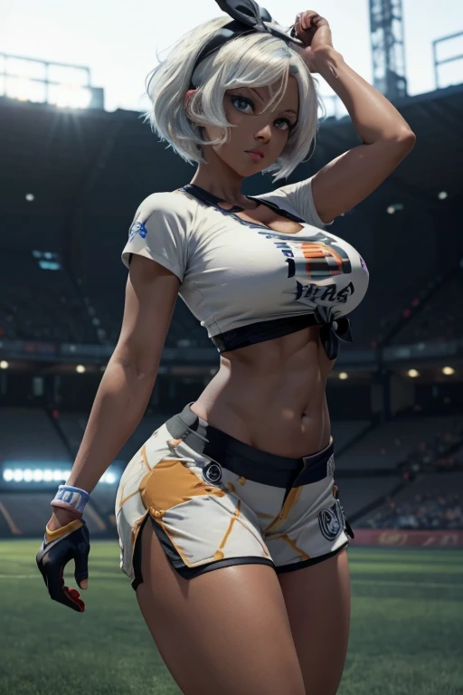 (masterpiece), best quality, expressive eyes, perfect face, front lighting, (pokemon sport stadium at night background), (walking), (cleavage closeup view), (happy face), (1girl, milf, bea, pokemon, blue eyes, dark skin, (dark-skinned female:1.5), white hair, bob hairstyle with hairbow, hourglass figure, thin body, skinny body, petite_body, large breasts, huge breasts, oppai, wide hips, thick thighs), (pokemon shirt with front knot, croptop, short sleeve, navel, exposed cleavage. shorts, knee pads, glove on one hand),