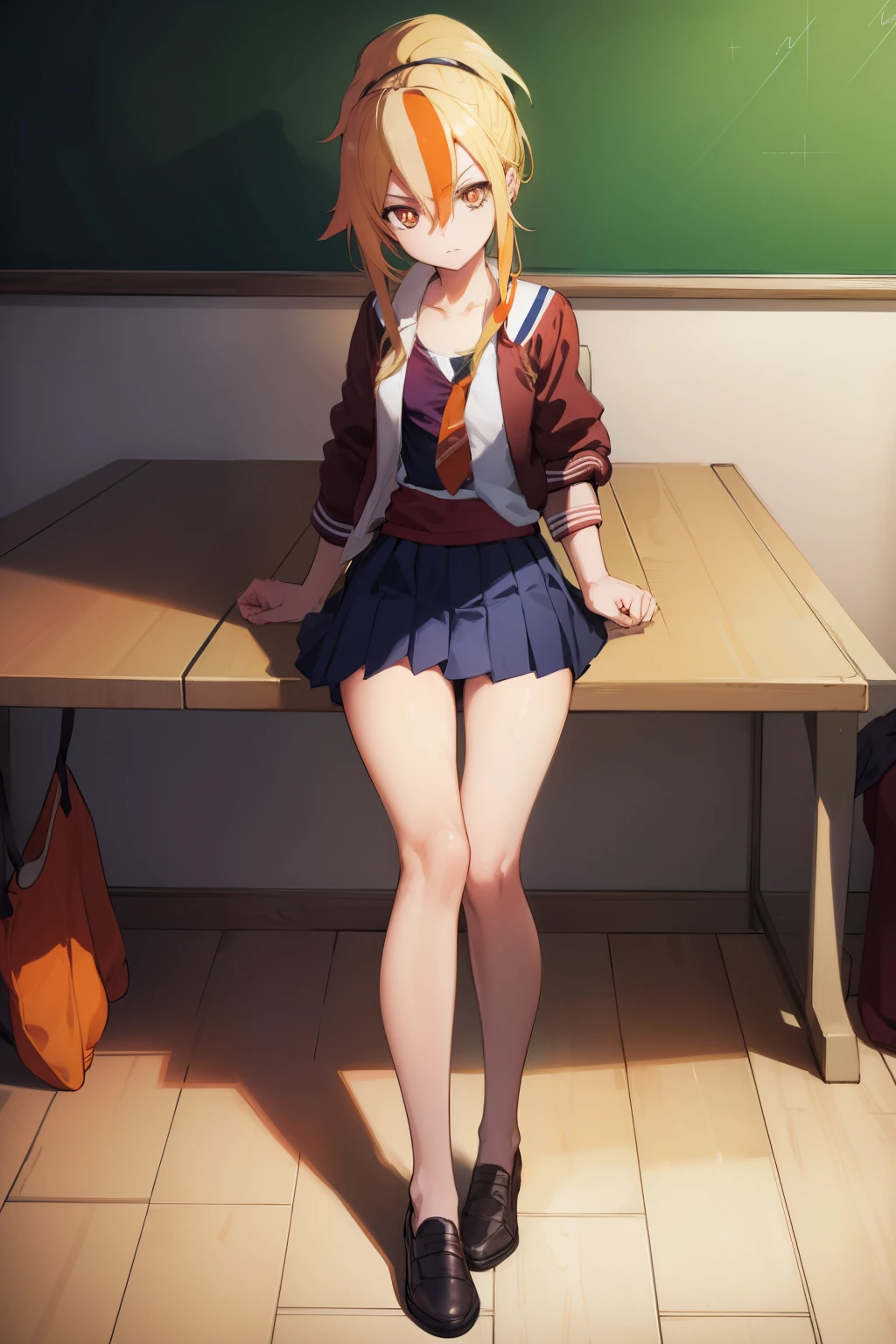 sakinikaidou, saki nikaidou, blonde hair, eyes visible through hair, hair over one eye, light green hair, long hair, multicolored hair, (orange eyes:1.5), orange hair, ponytail, streaked hair, (small breast:1.2),
BREAK blue skirt, jacket, (letterman jacket:1.5), necktie, orange necktie, skirt,
BREAK looking at viewer, full body,
BREAK indoors, classroom,
BREAK (masterpiece:1.2), best quality, high resolution, unity 8k wallpaper, (illustration:0.8), (beautiful detailed eyes:1.6), extremely detailed face, perfect lighting, extremely detailed CG, (perfect hands, perfect anatomy),