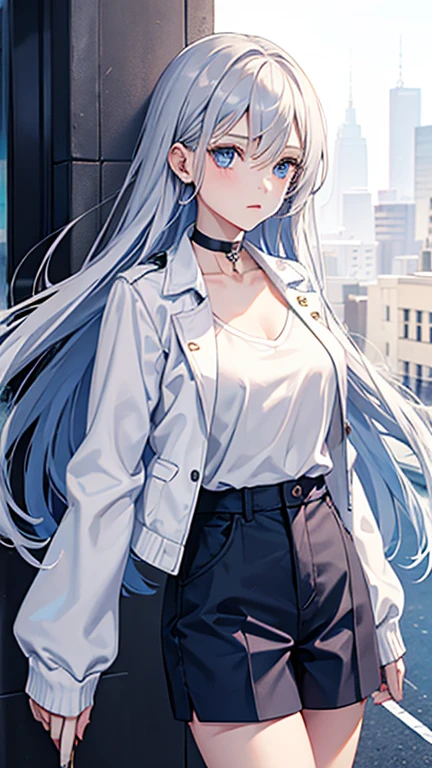 1girl, long silver hair, blue eyes, choker, white shirt, jacket, short pants