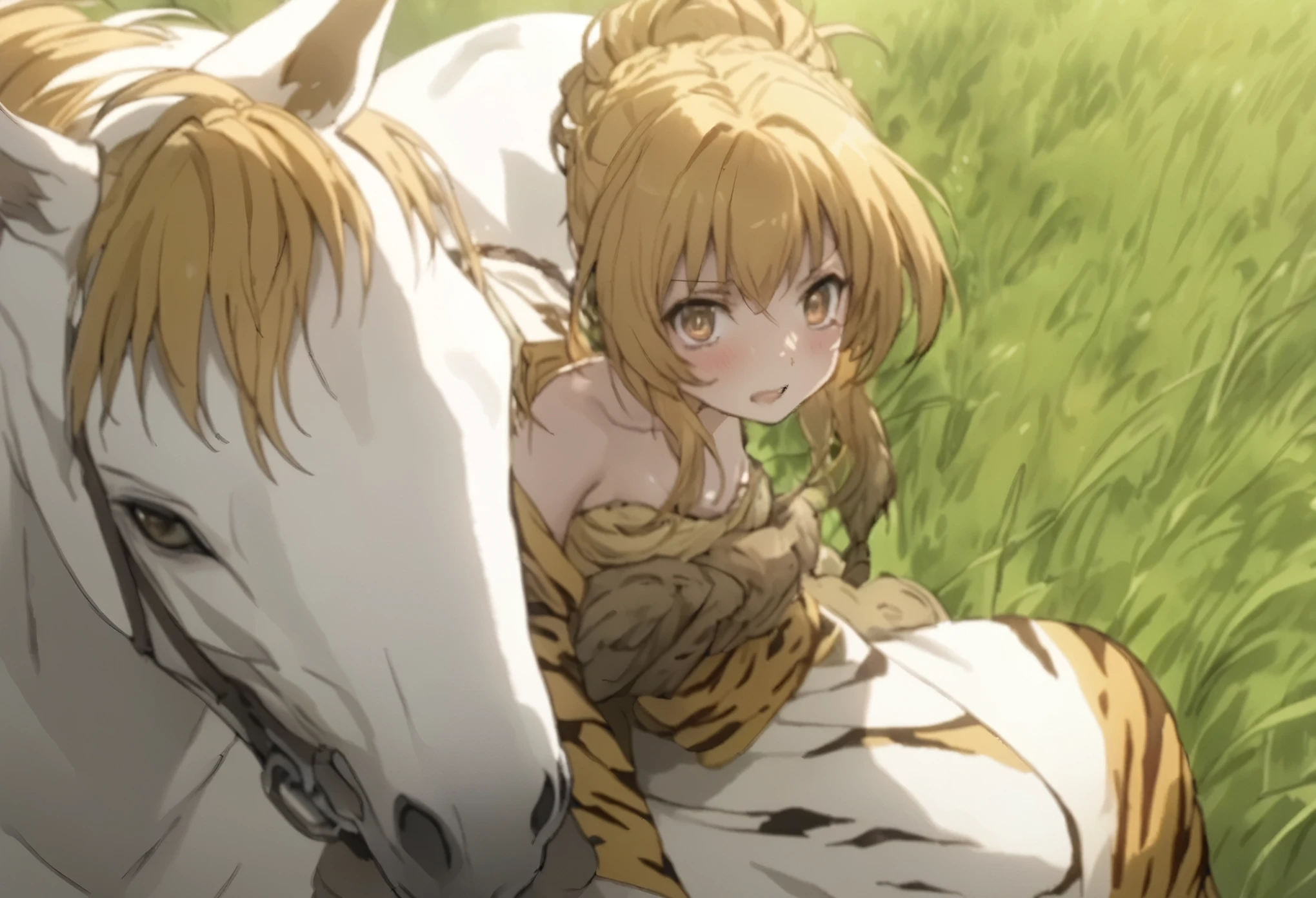 (((masterpiece、Best Quality、High resolution、High precision)、anime))、Beautiful normal breasts、(Dynamic pose)、Looking into the camera、(Beautiful detailed face、Beautiful big eyes、Light in the eyes)、((One Girl))、((Embarrassed face))、Red cheeks、Riding a White Horse、Wearing an open kimono、Wear a tiger skin around your waist、Yellow updo hair、Ride a horse and stop in the grassland